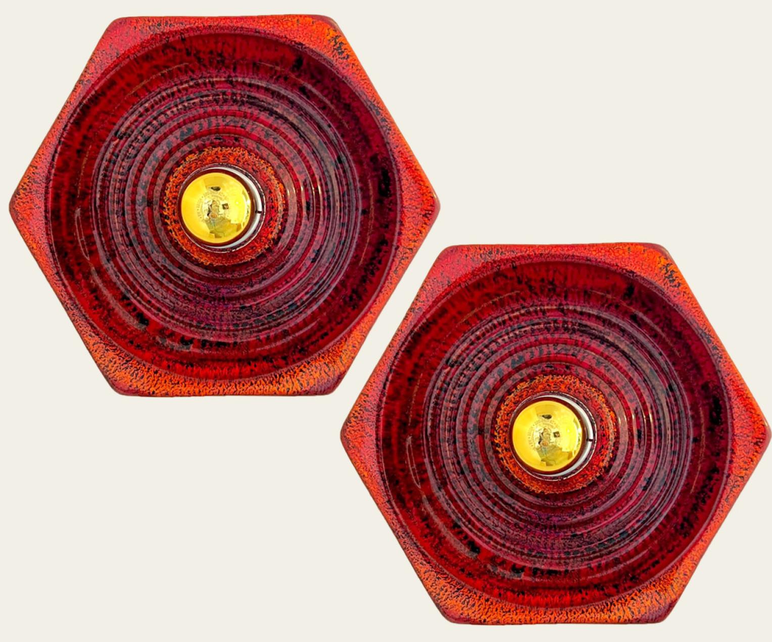 Red Hexagonal Ceramic Wall Lights by Hustadt Keramik, Germany For Sale 2