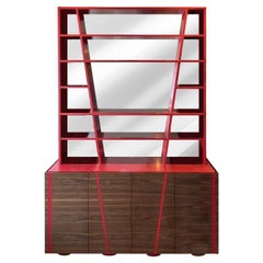 Bookshelf With Low Storage Doors, Red Veneer Shelves and Clear Mirror Back 