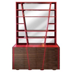 Bookshelf With Low Storage Doors, Red Veneer Shelves and Clear Mirror Back