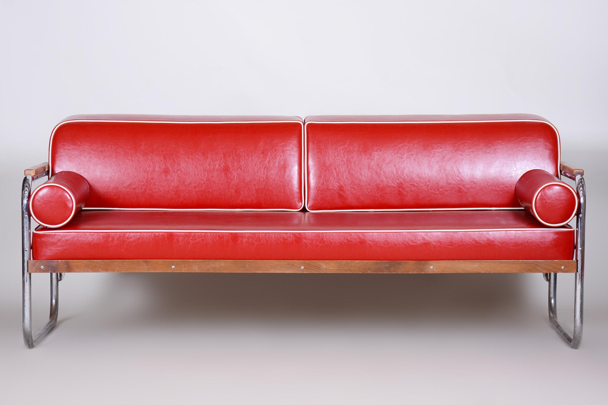 20th Century Red High-Quality Leather Bauhaus Sofa by Thonet, Chrome, Fully Restored, 1930s For Sale