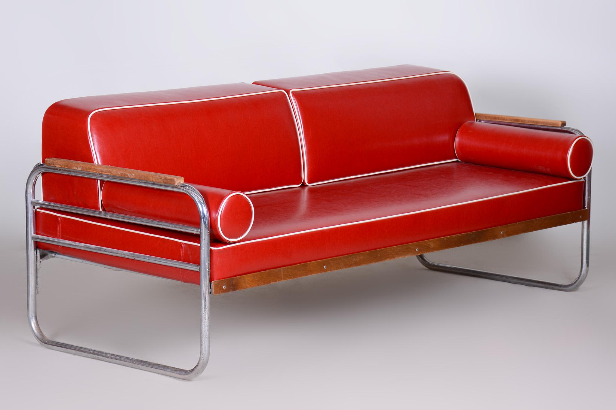 Red High-Quality Leather Bauhaus Sofa by Thonet, Chrome, Fully Restored, 1930s For Sale 1