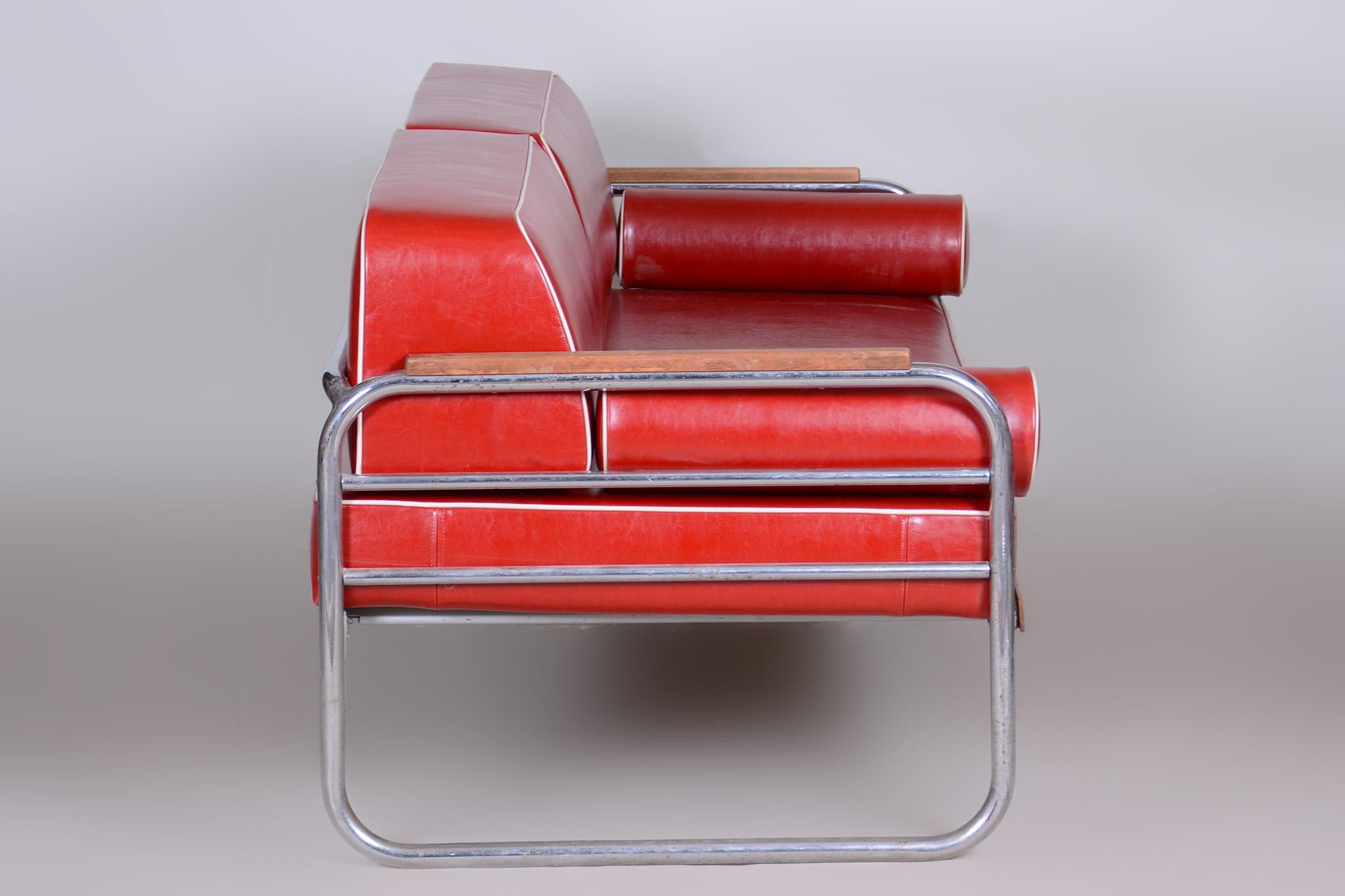 Red High-Quality Leather Bauhaus Sofa by Thonet, Chrome, Fully Restored, 1930s For Sale 2