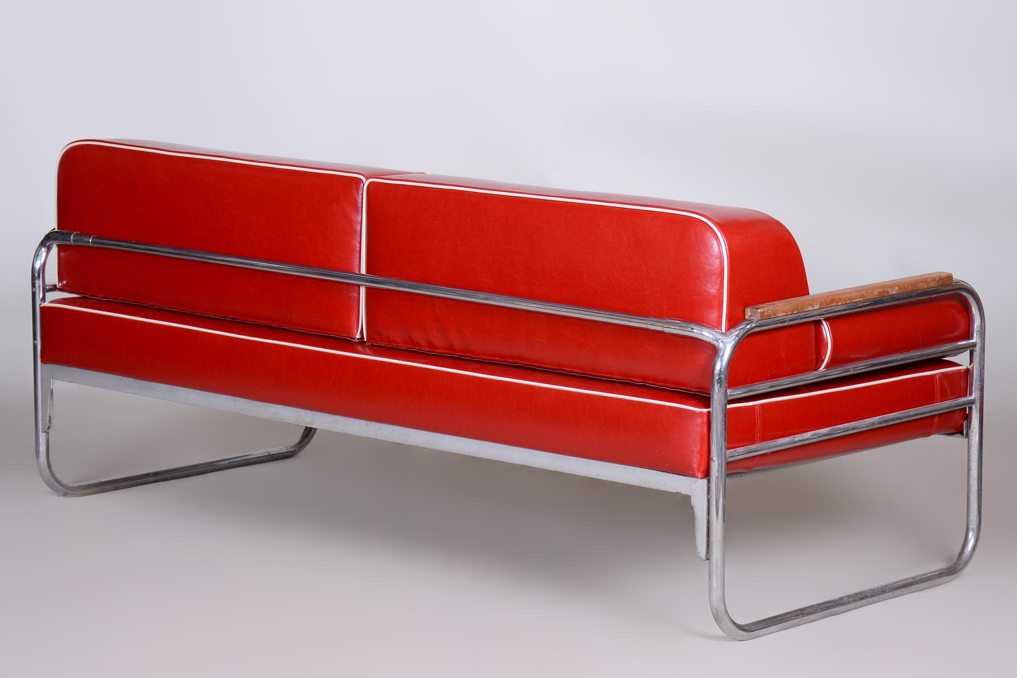 Red High-Quality Leather Bauhaus Sofa by Thonet, Chrome, Fully Restored, 1930s For Sale 3
