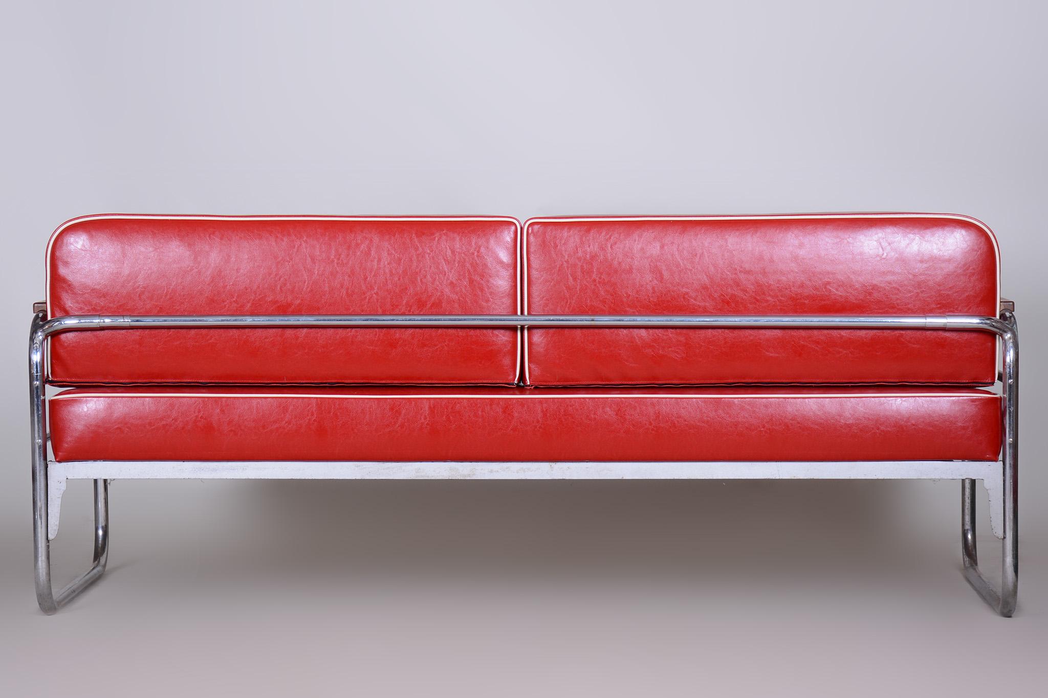 Red High-Quality Leather Bauhaus Sofa by Thonet, Chrome, Fully Restored, 1930s For Sale 4
