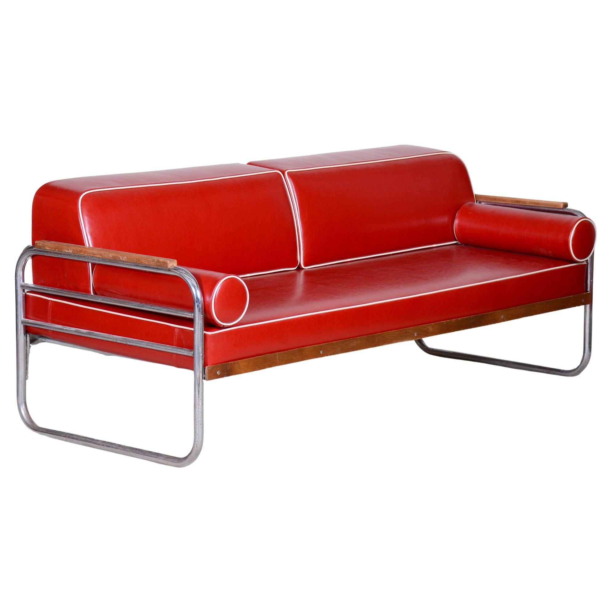 Red High-Quality Leather Bauhaus Sofa by Thonet, Chrome, Fully Restored, 1930s For Sale