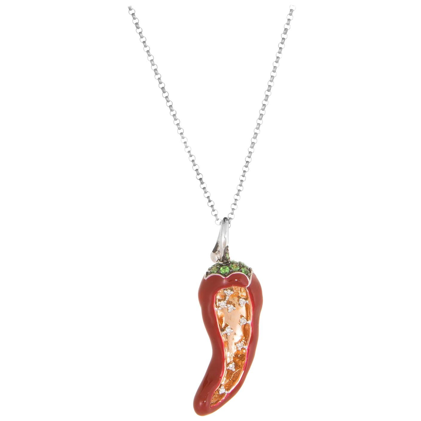 Red Hot Chili Pepper Necklace Diamond Tsavorite Enamel 14 Karat