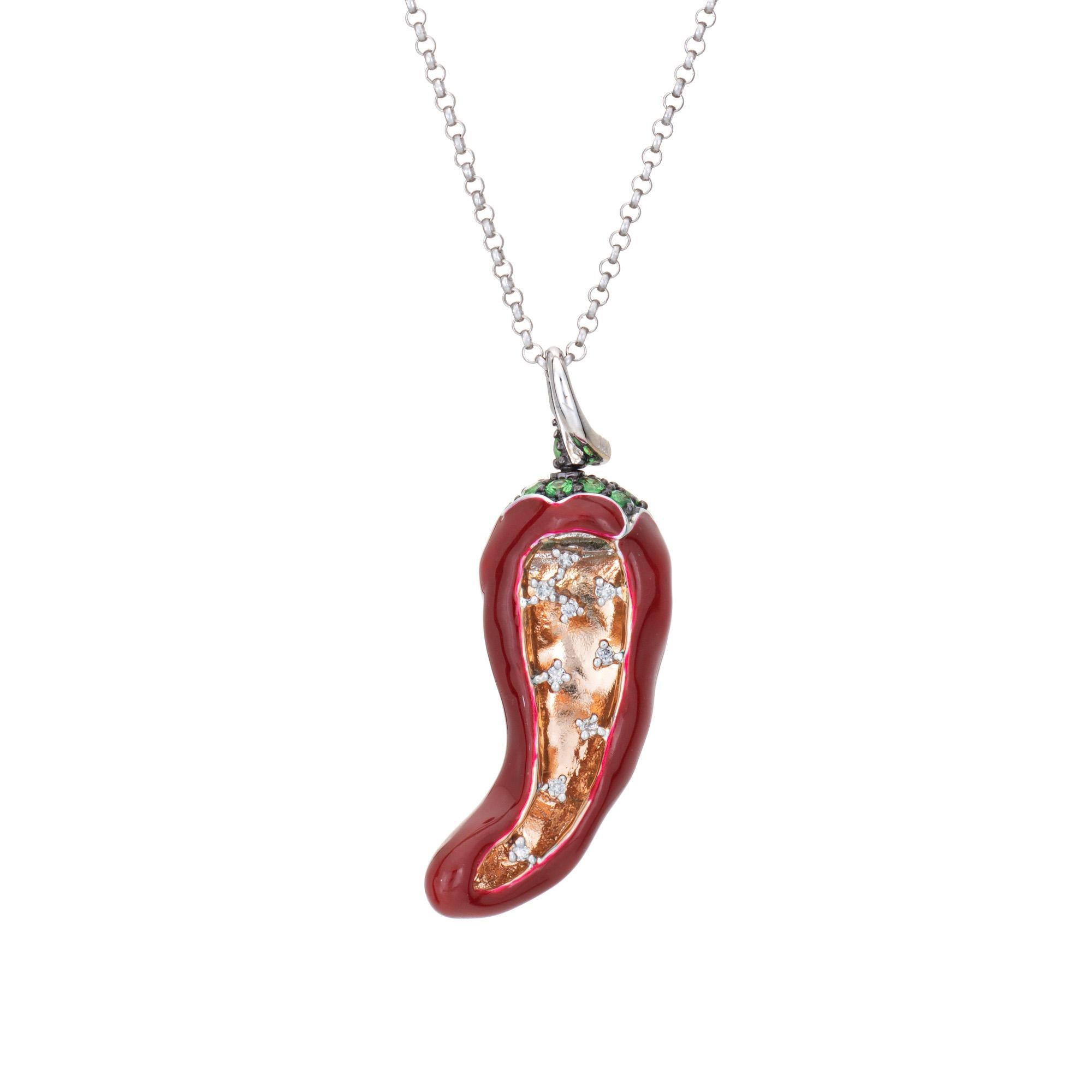Round Cut Red Hot Chili Pepper Necklace Diamond Tsavorite Garnet Enamel 14k White Gold