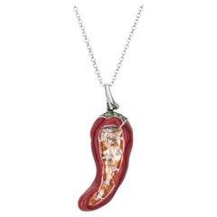 Red Hot Chili Pepper Necklace Diamond Tsavorite Garnet Enamel 14k White Gold