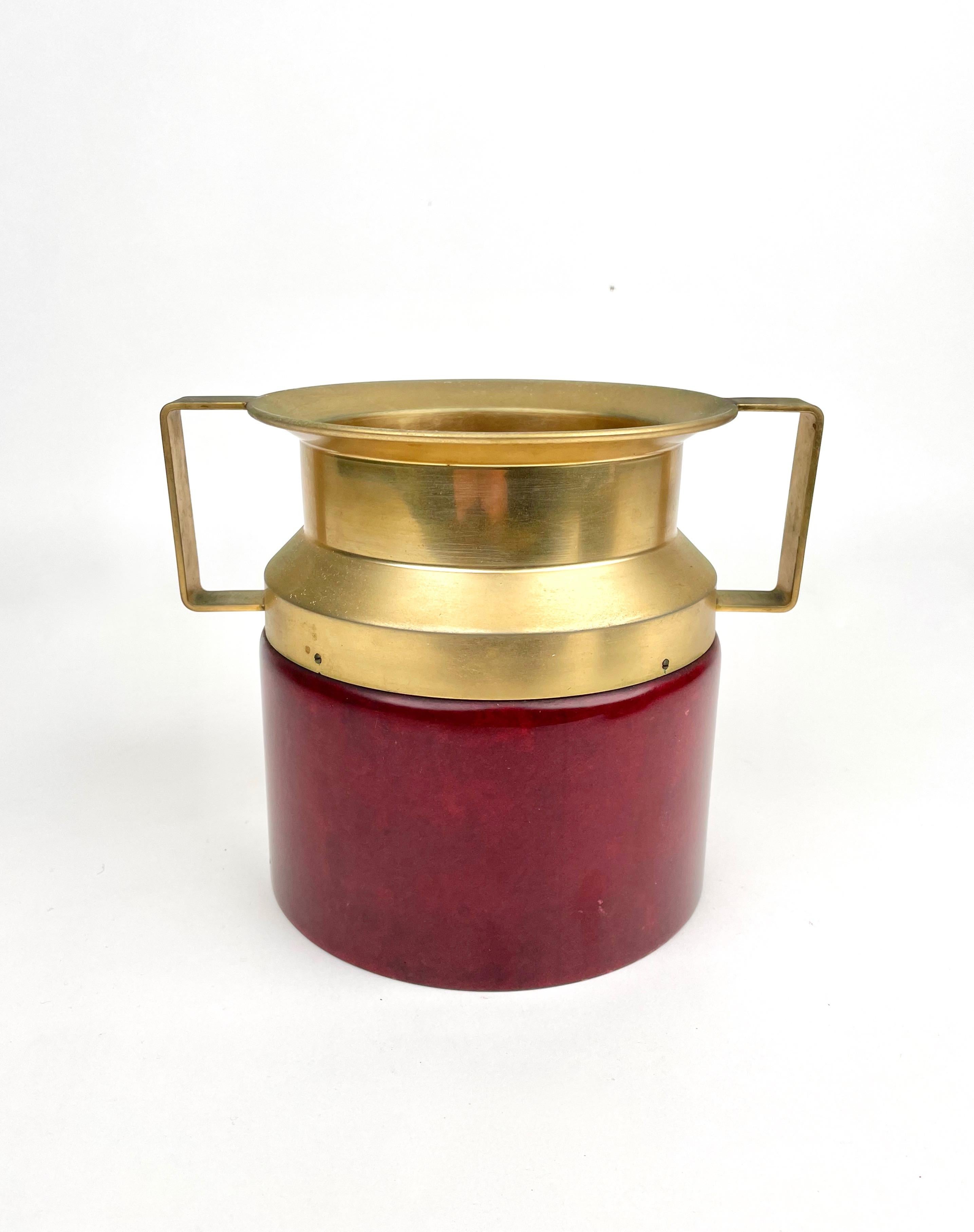 Italian Red Ice Bucket in Goatskin and Brass by Aldo Tura, Italy, 1950s