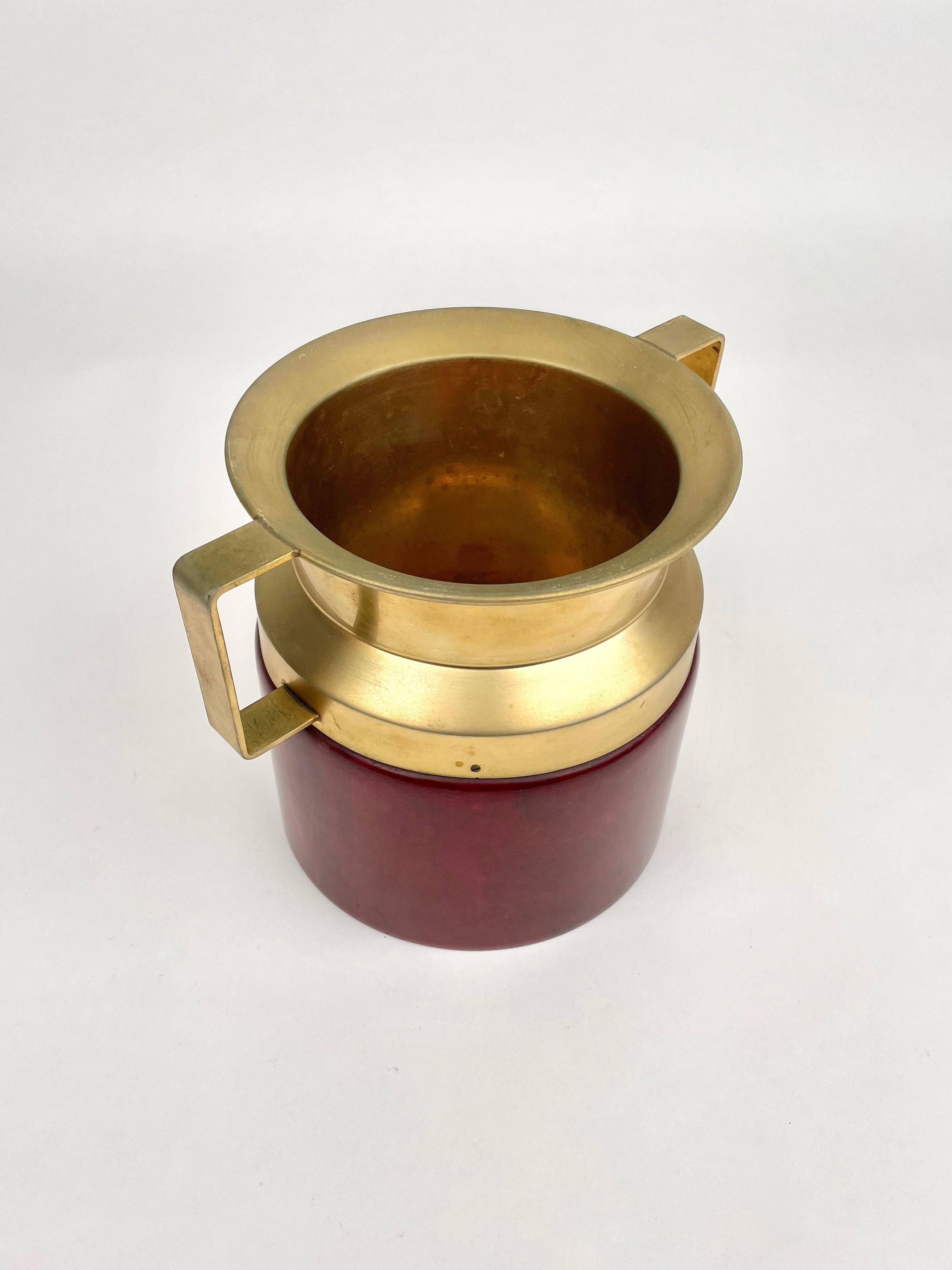 Metal Red Ice Bucket in Goatskin and Brass by Aldo Tura, Italy, 1950s