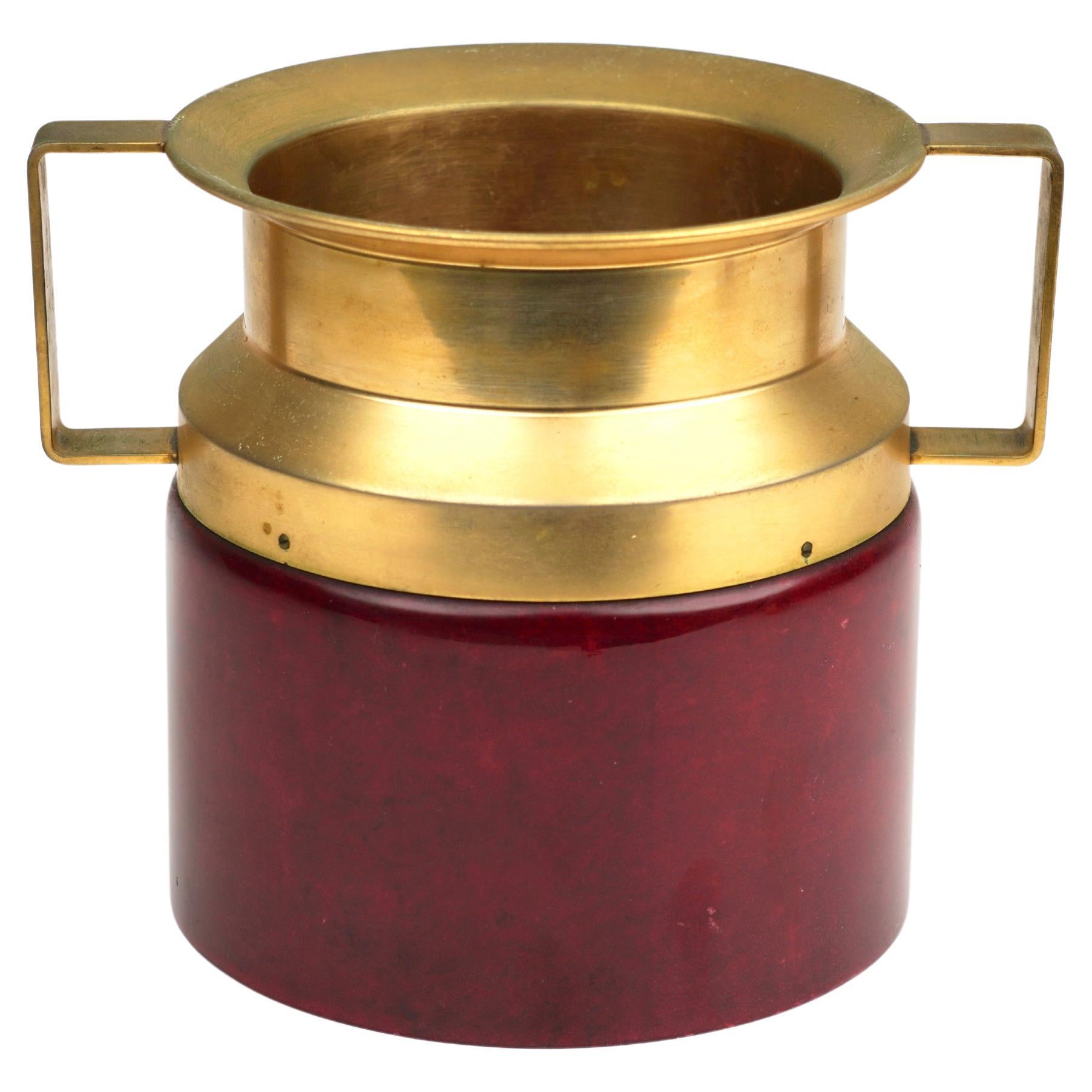 Red Ice Bucket in Goatskin and Brass by Aldo Tura, Italy, 1950s