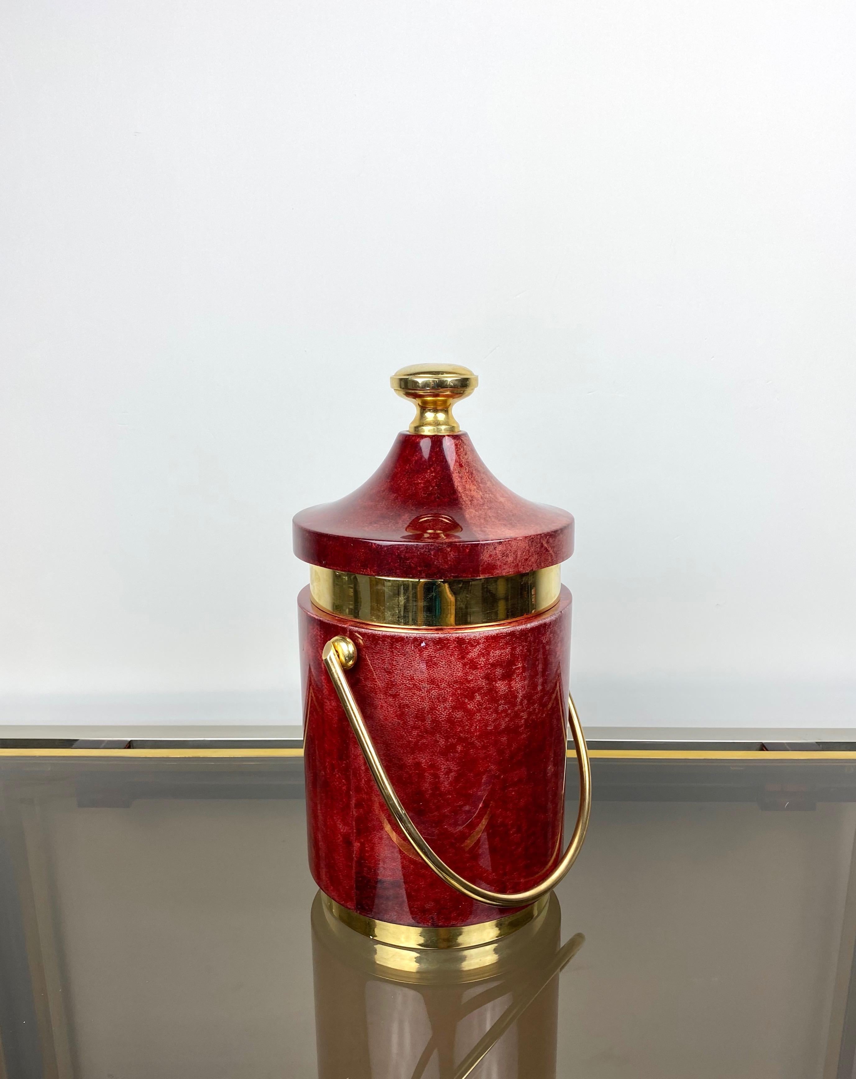 Italian Red Ice Bucket in Goatskin and Brass by Aldo Tura, Italy, 1960s For Sale