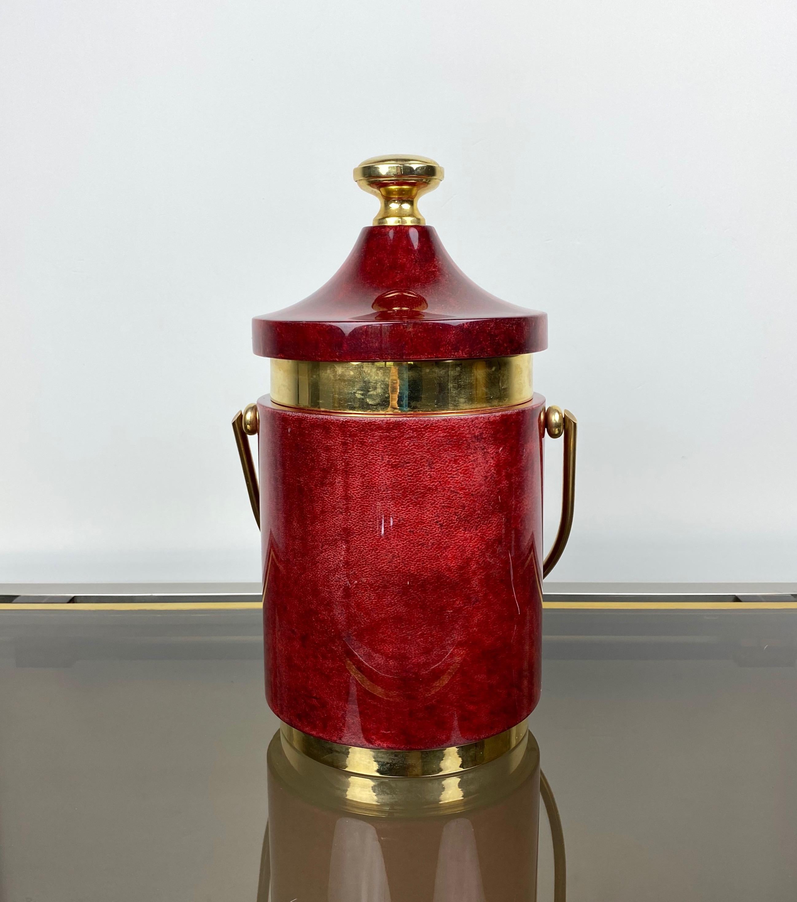 Mid-20th Century Red Ice Bucket in Goatskin and Brass by Aldo Tura, Italy, 1960s For Sale