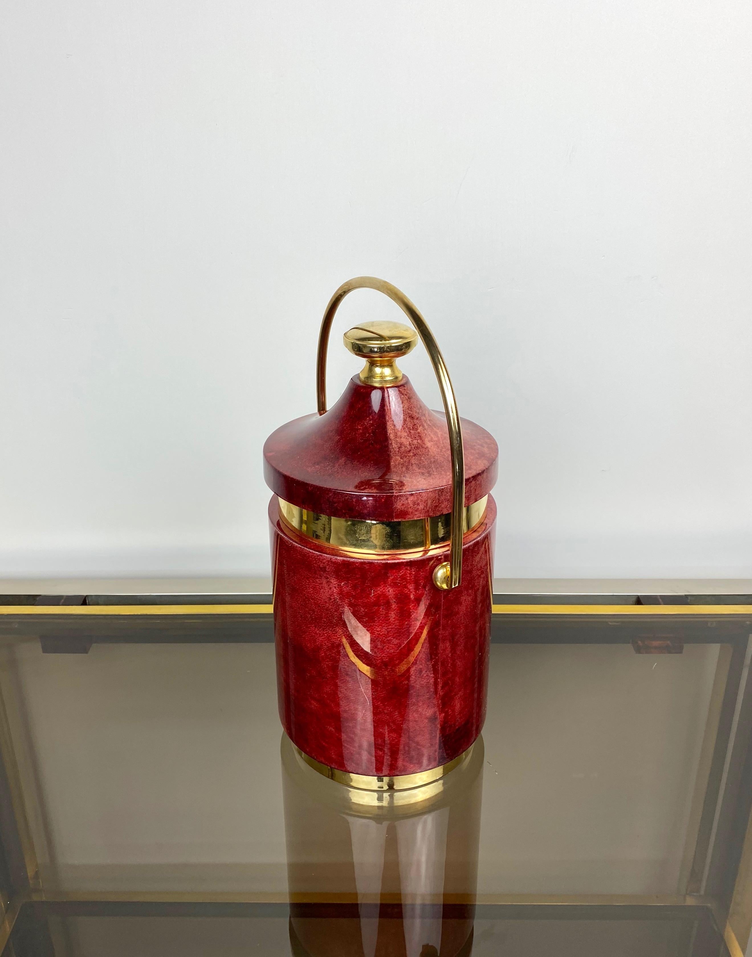 Metal Red Ice Bucket in Goatskin and Brass by Aldo Tura, Italy, 1960s For Sale