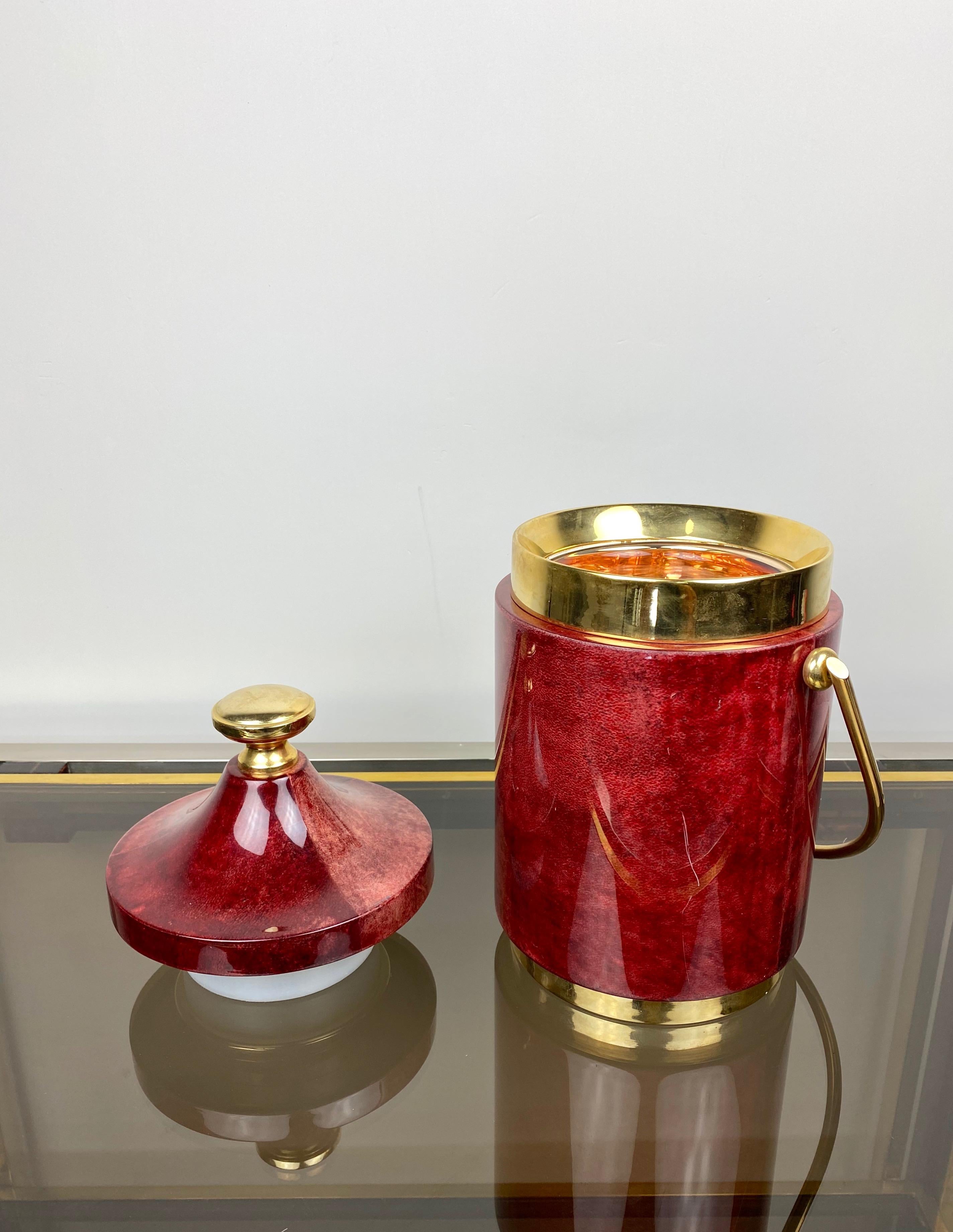 Red Ice Bucket in Goatskin and Brass by Aldo Tura, Italy, 1960s For Sale 1