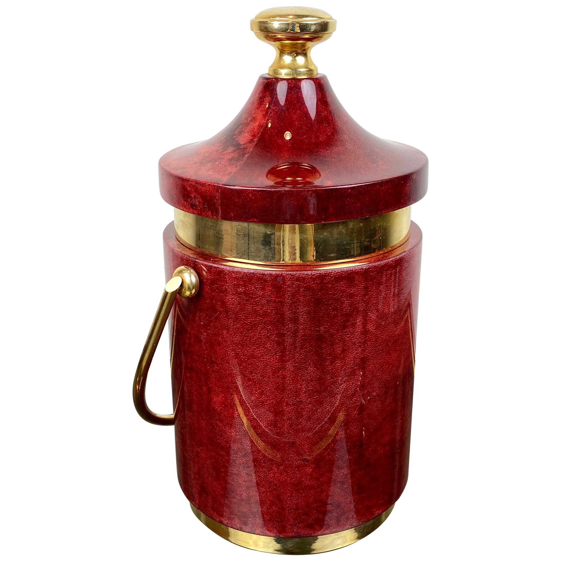 Red Ice Bucket in Goatskin and Brass by Aldo Tura, Italy, 1960s For Sale