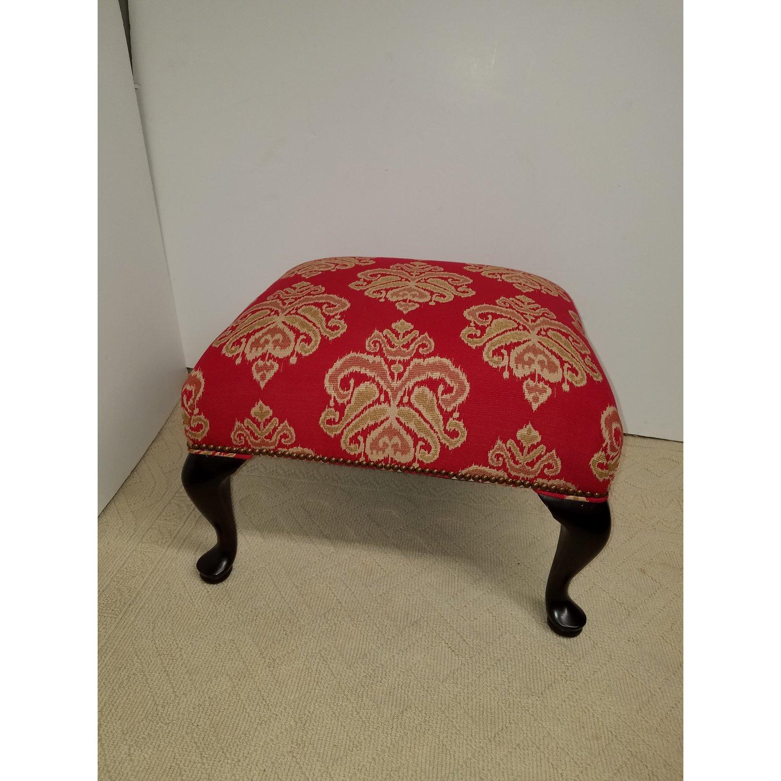 Red Ikat Upholstered Vintage Square Ottoman In Good Condition In Lambertville, NJ