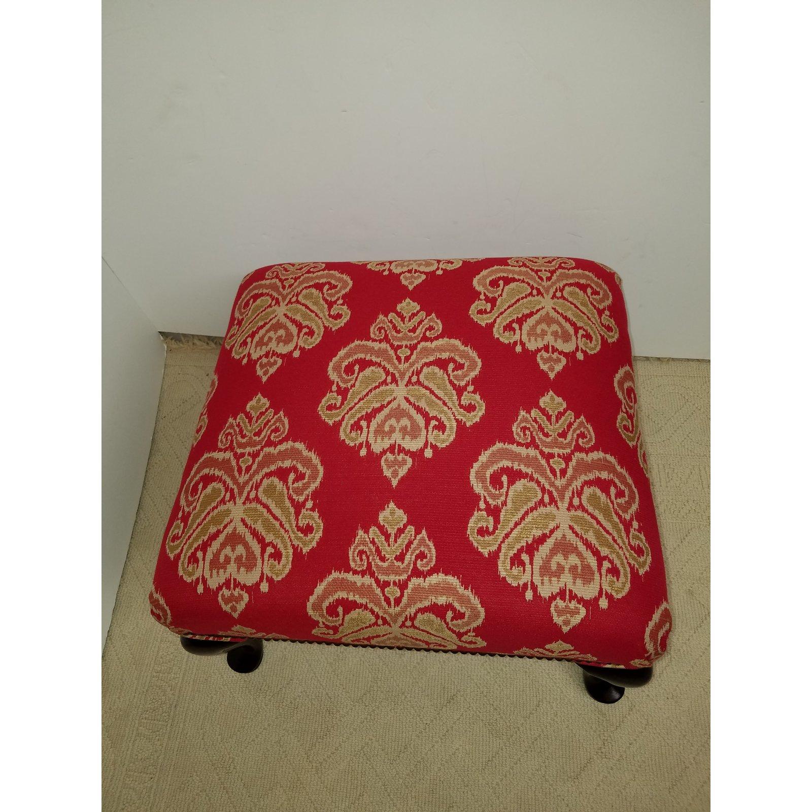 Red Ikat Upholstered Vintage Square Ottoman 1