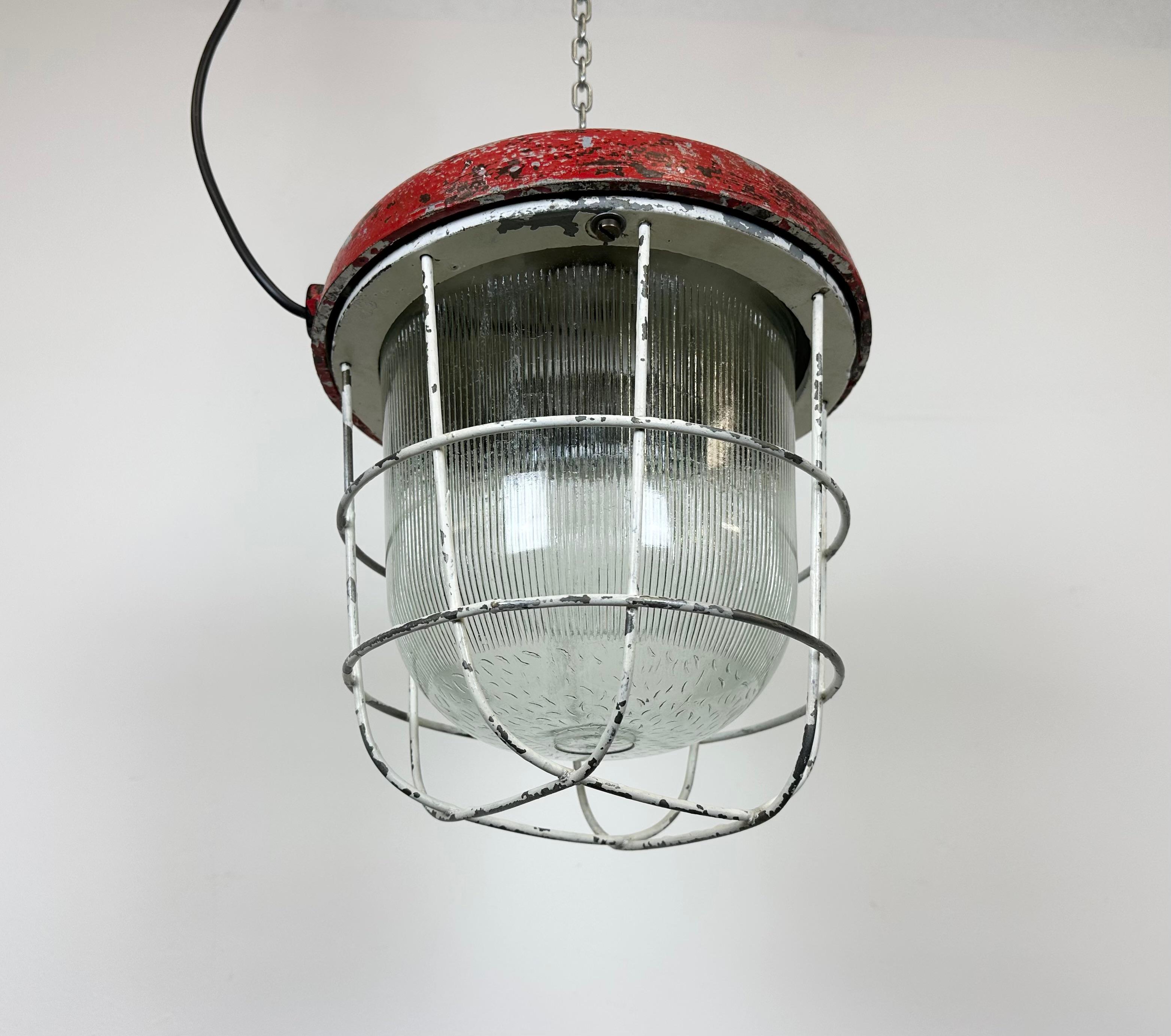 Red Industrial Cast Iron Cage Pendant Light, 1960s 4
