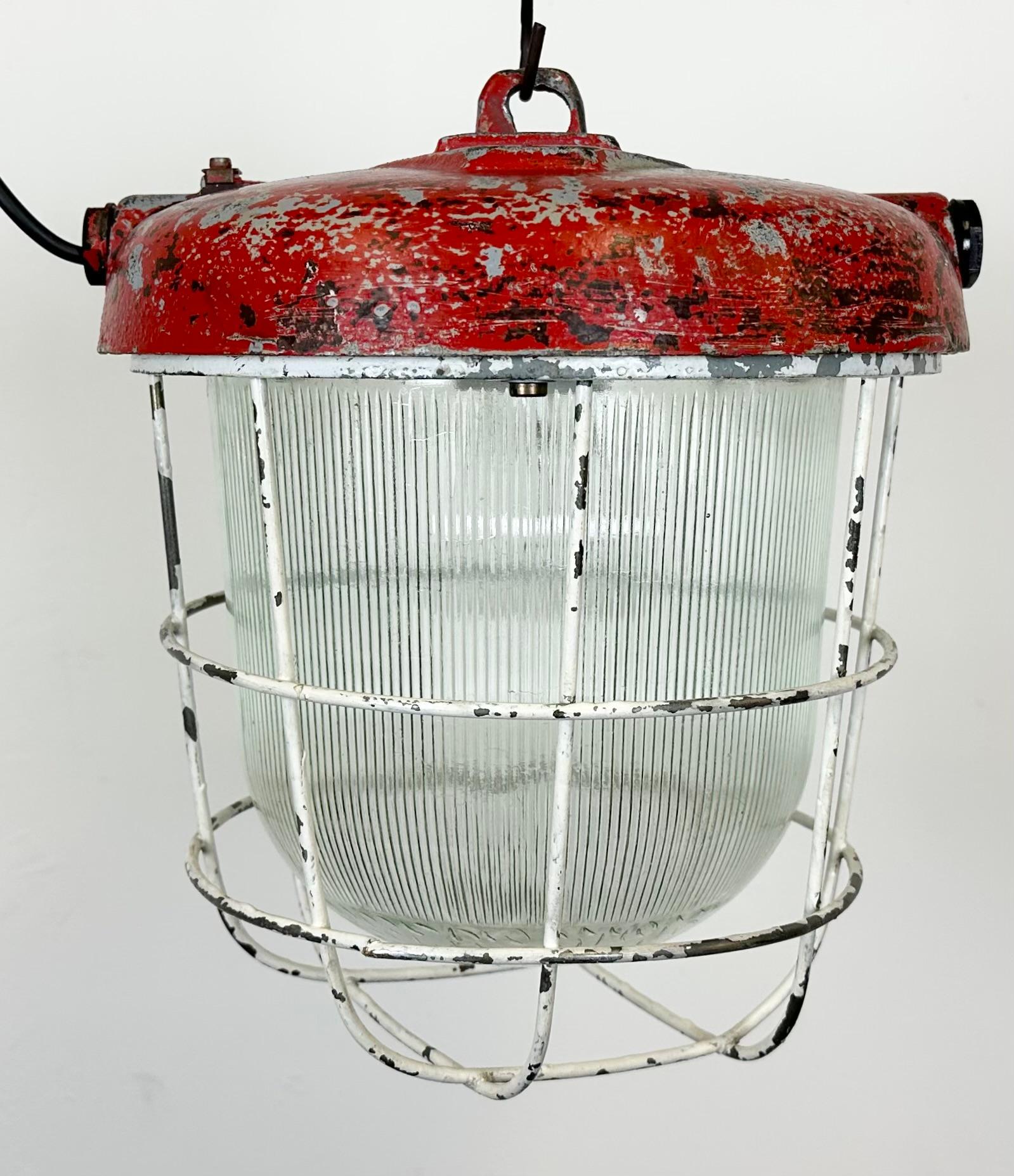 Polish Red Industrial Cast Iron Cage Pendant Light, 1960s