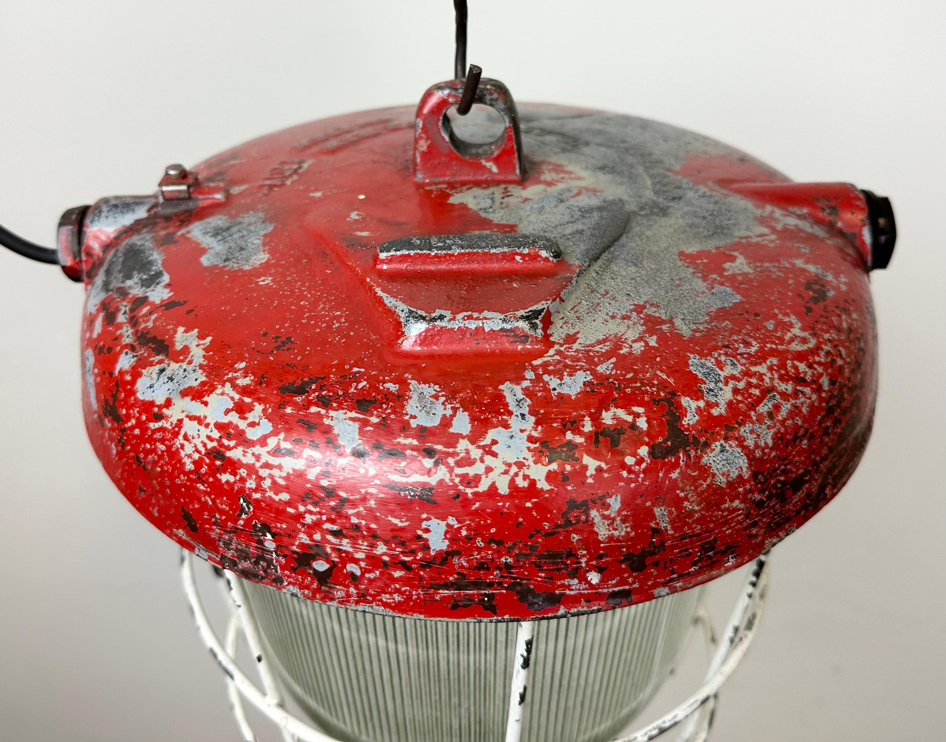 Red Industrial Cast Iron Cage Pendant Light, 1960s In Good Condition In Kojetice, CZ