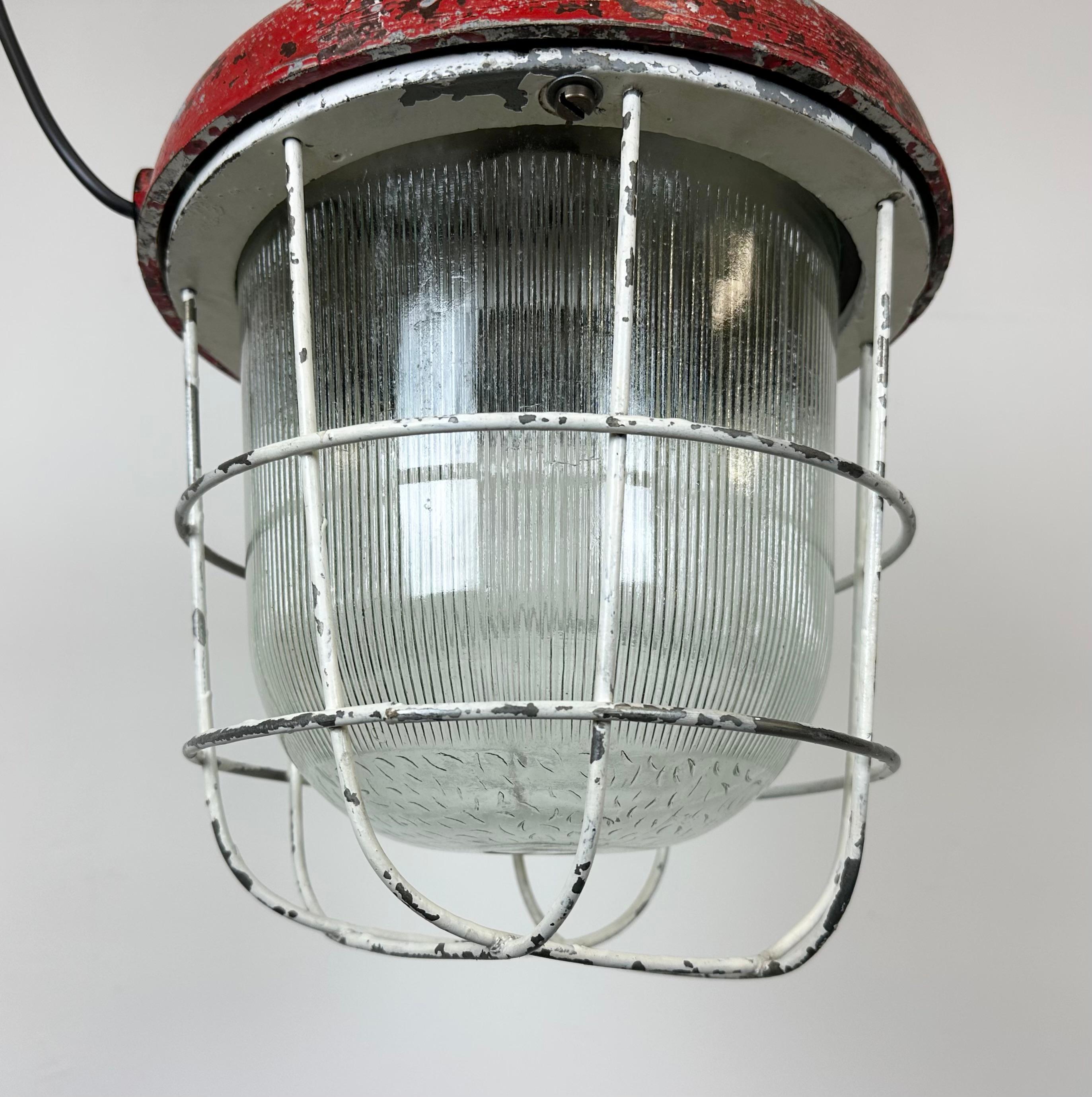 Glass Red Industrial Cast Iron Cage Pendant Light, 1960s