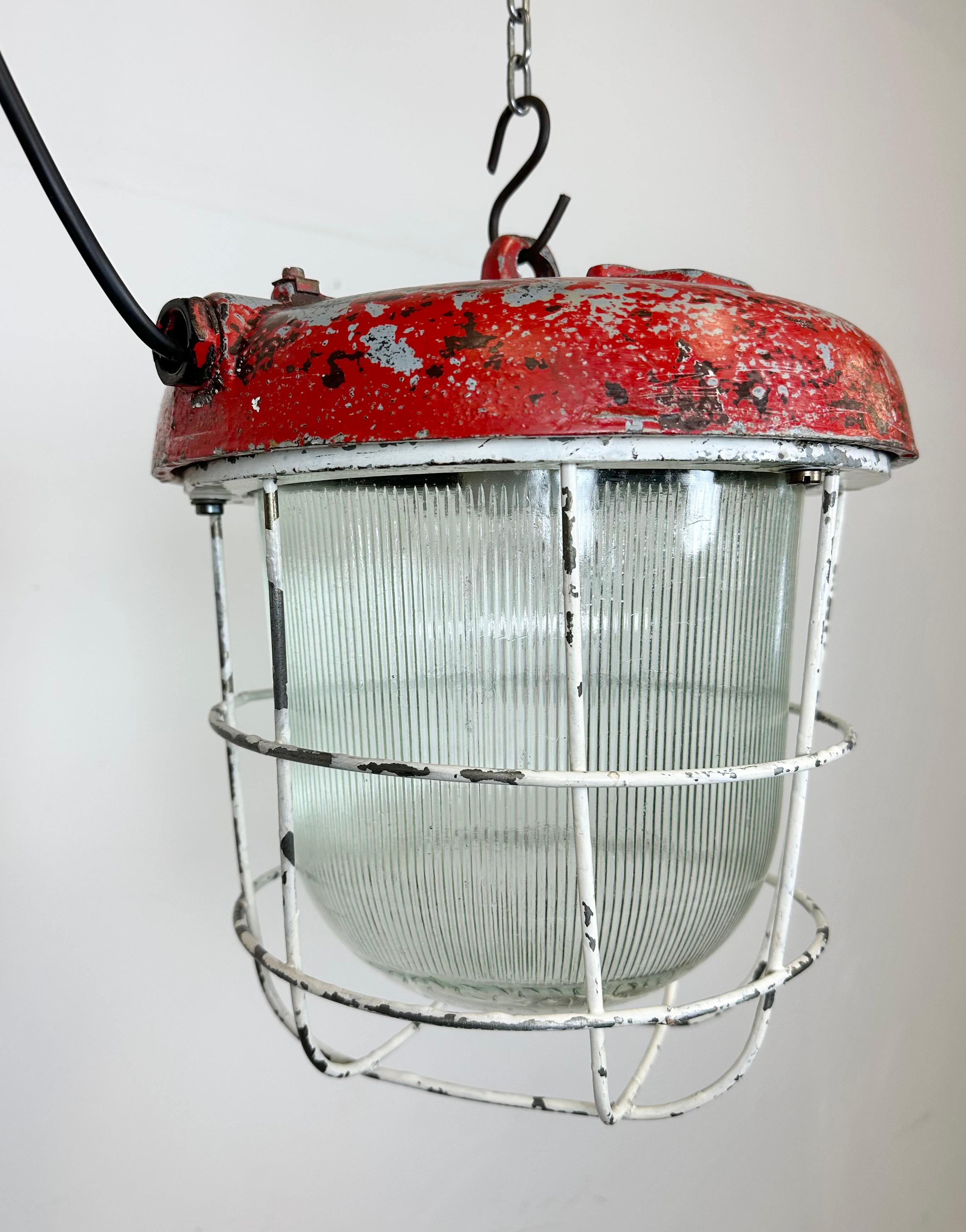Red Industrial Cast Iron Cage Pendant Light, 1960s 1
