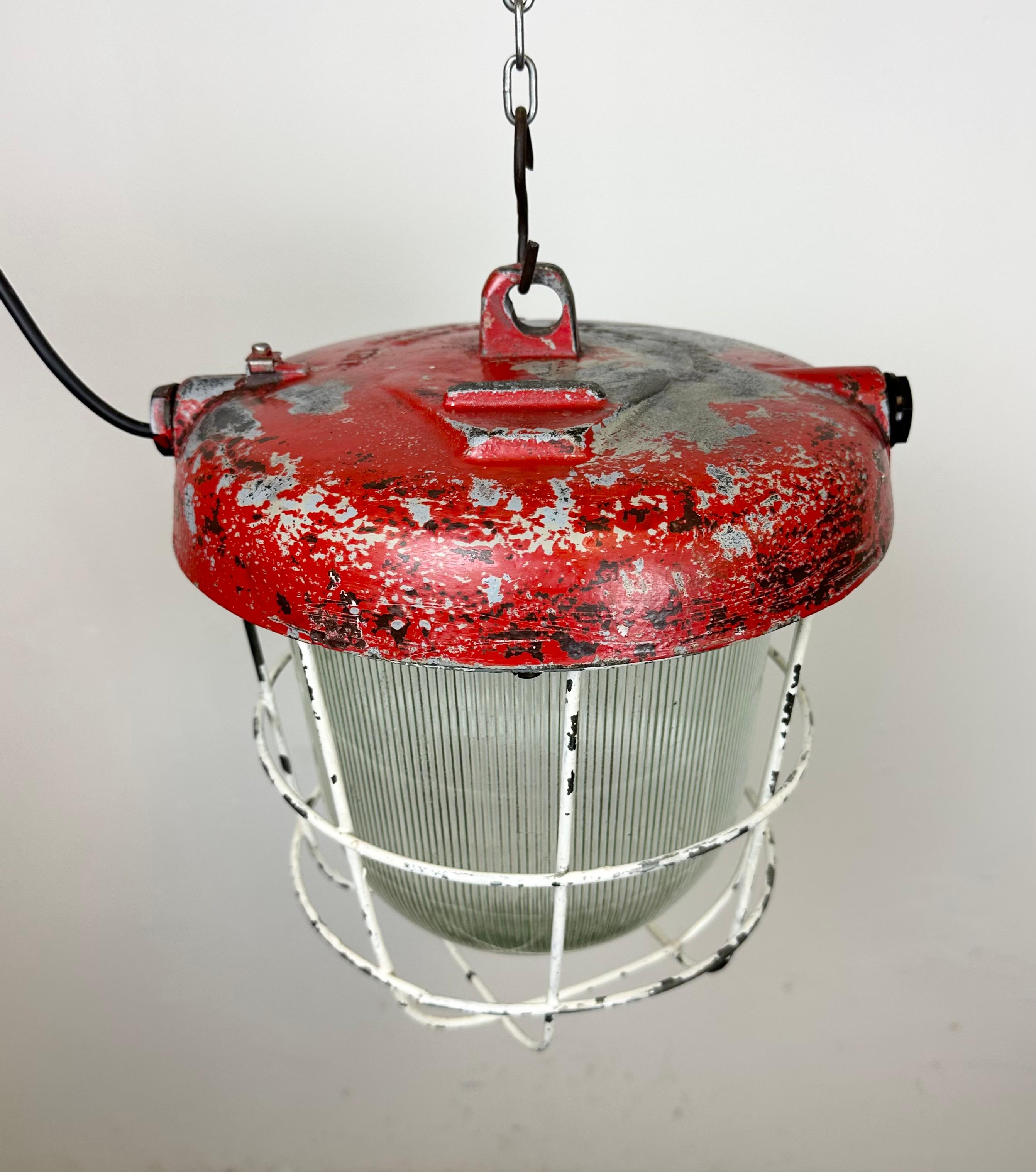 Red Industrial Cast Iron Cage Pendant Light, 1960s 3