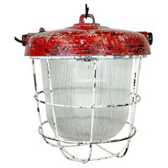 Red Industrial Cast Iron Cage Pendant Light, 1960s
