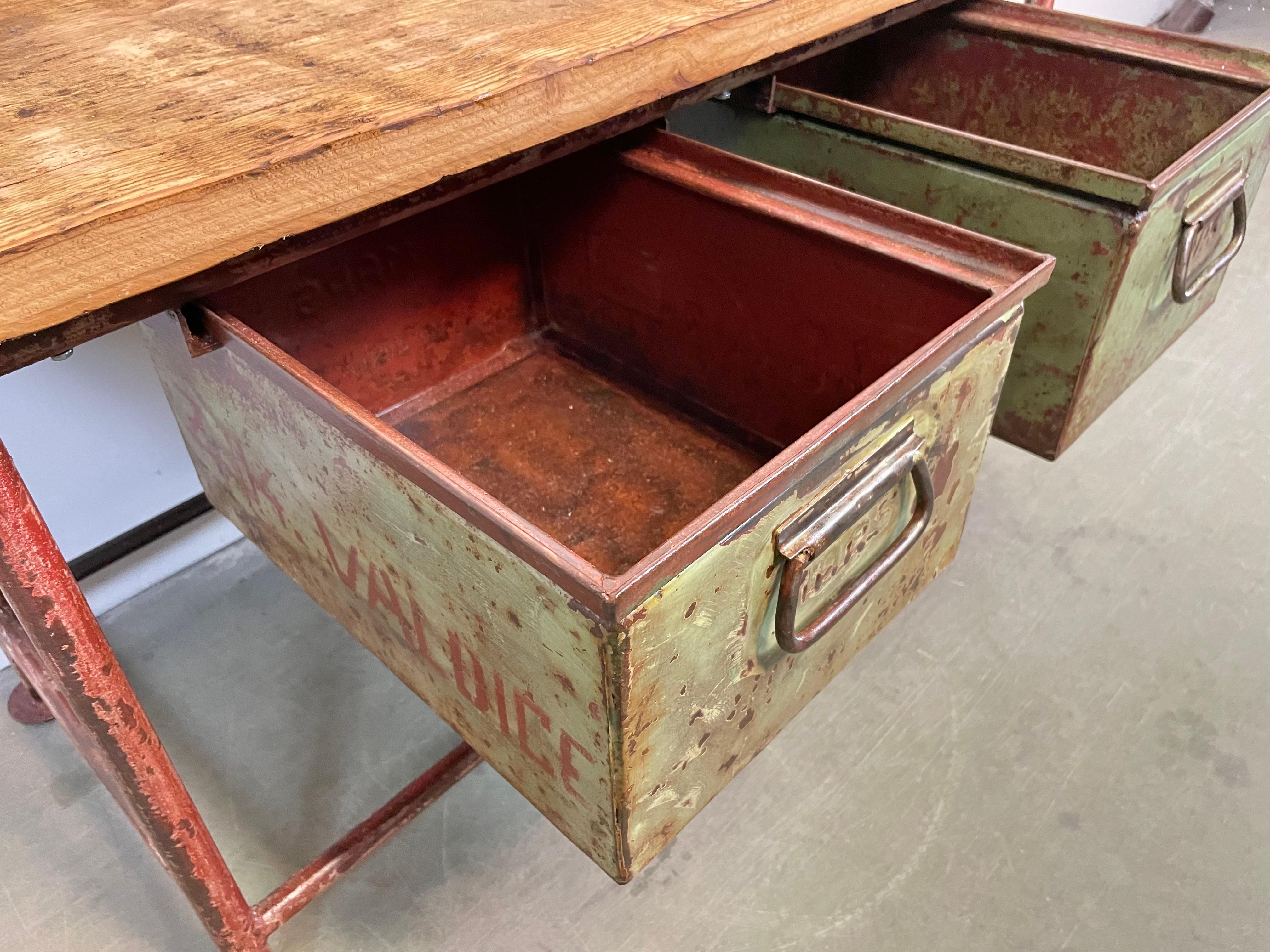 Red Industrial Worktable with Two Green Iron Drawers, 1960s For Sale 8