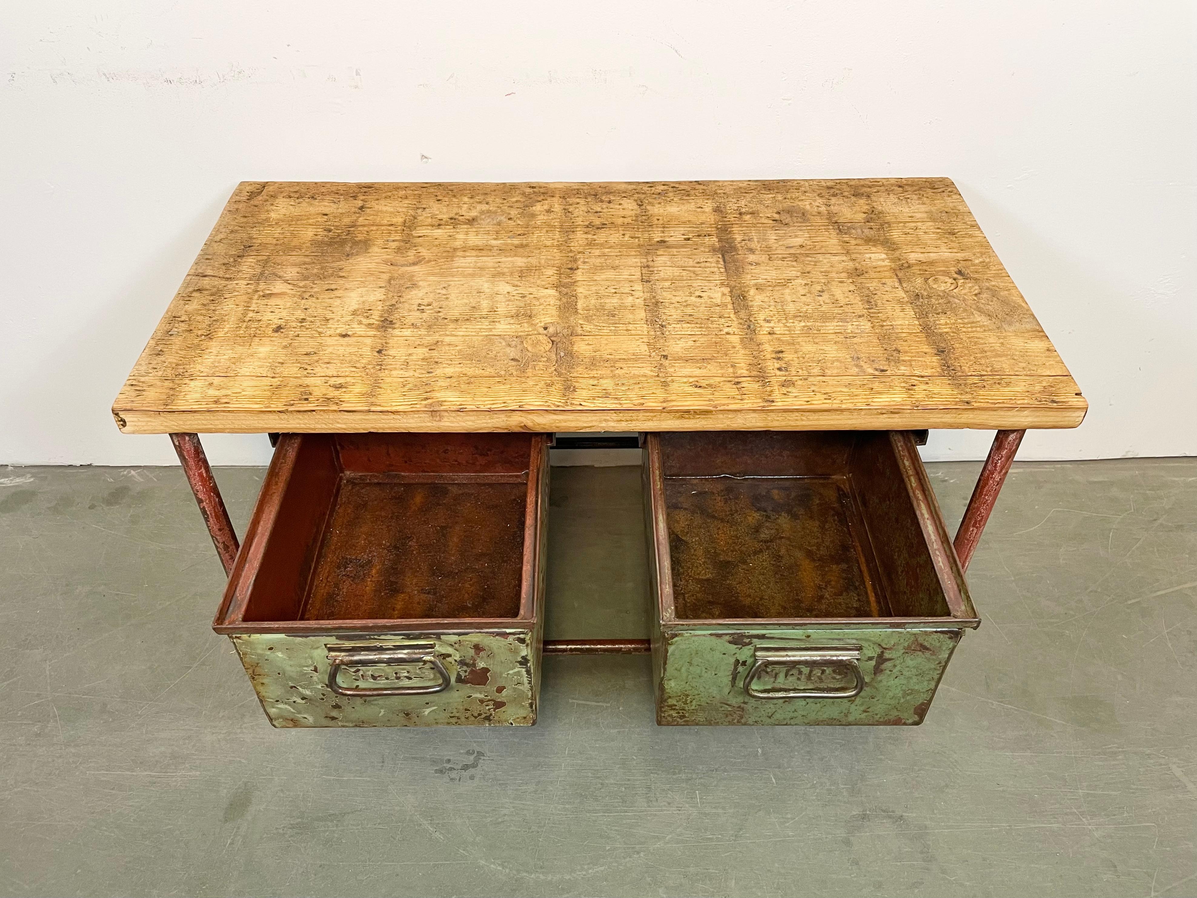 Red Industrial Worktable with Two Green Iron Drawers, 1960s For Sale 11