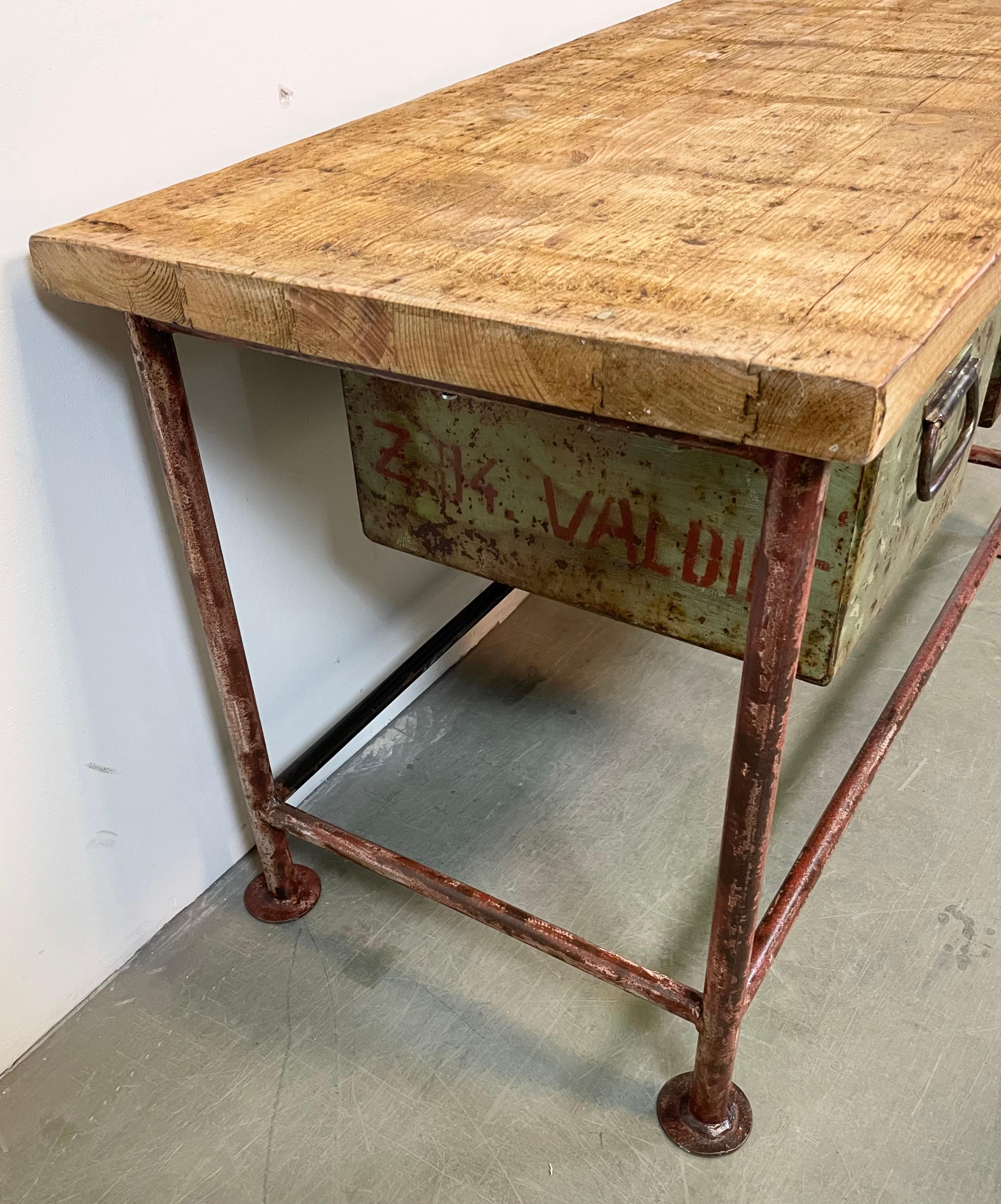 Red Industrial Worktable with Two Green Iron Drawers, 1960s For Sale 14