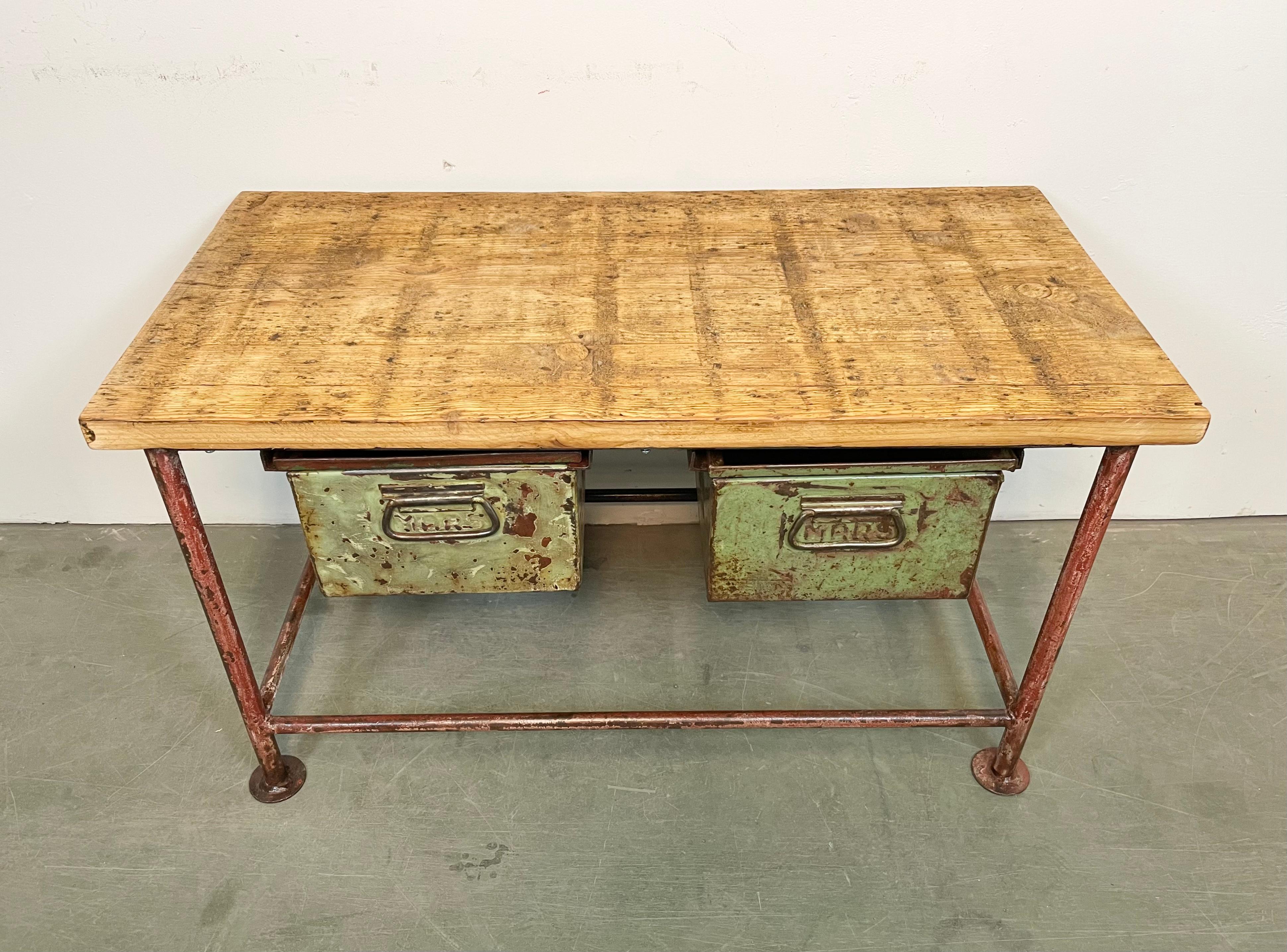 Czech Red Industrial Worktable with Two Green Iron Drawers, 1960s For Sale