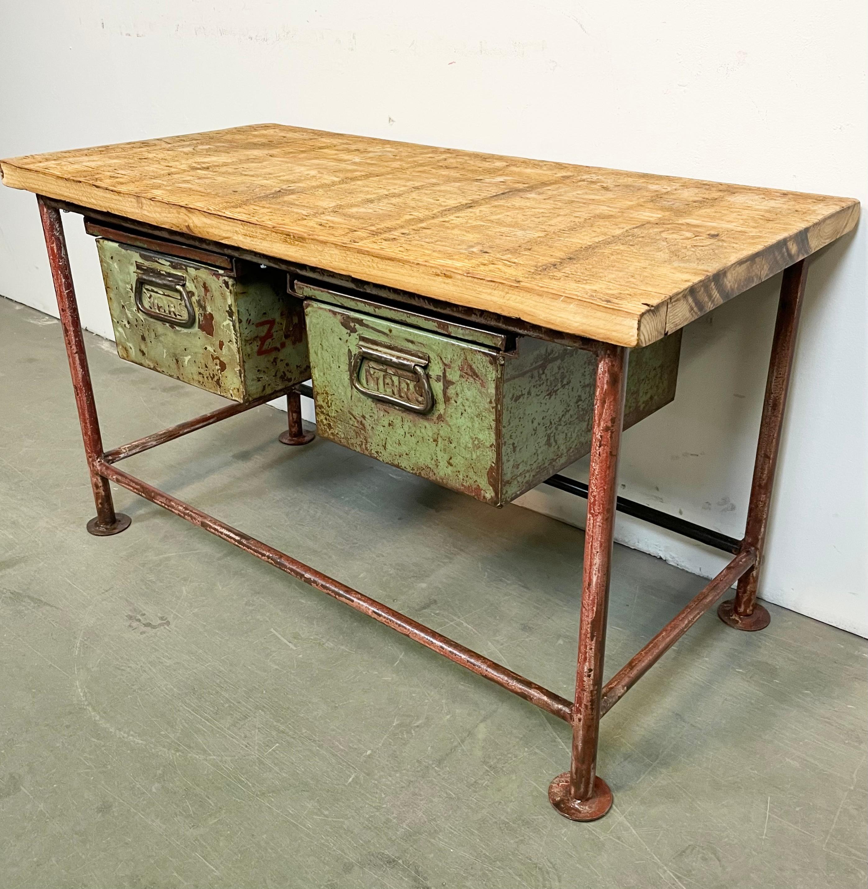 Red Industrial Worktable with Two Green Iron Drawers, 1960s In Good Condition For Sale In Kojetice, CZ