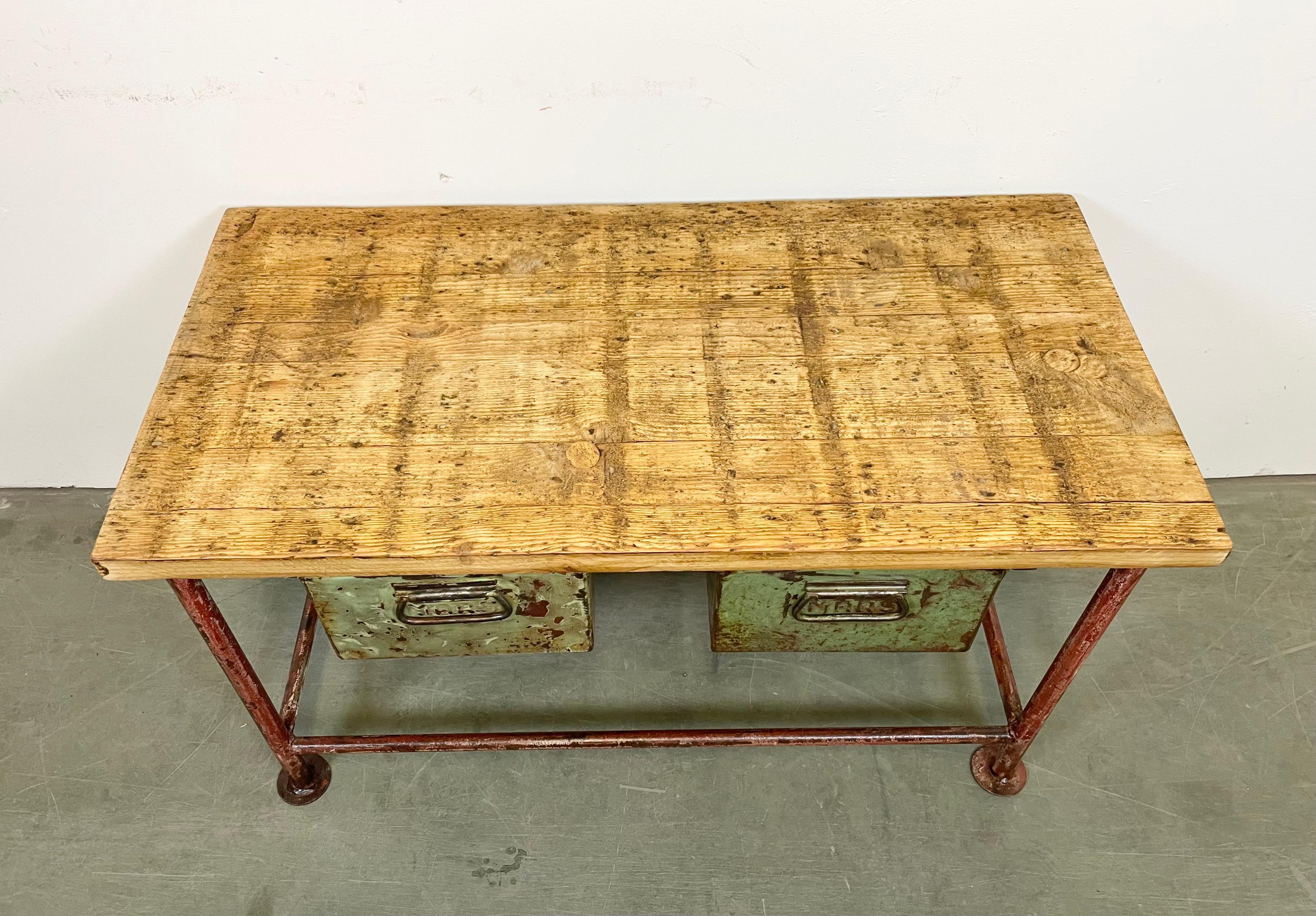 20th Century Red Industrial Worktable with Two Green Iron Drawers, 1960s For Sale