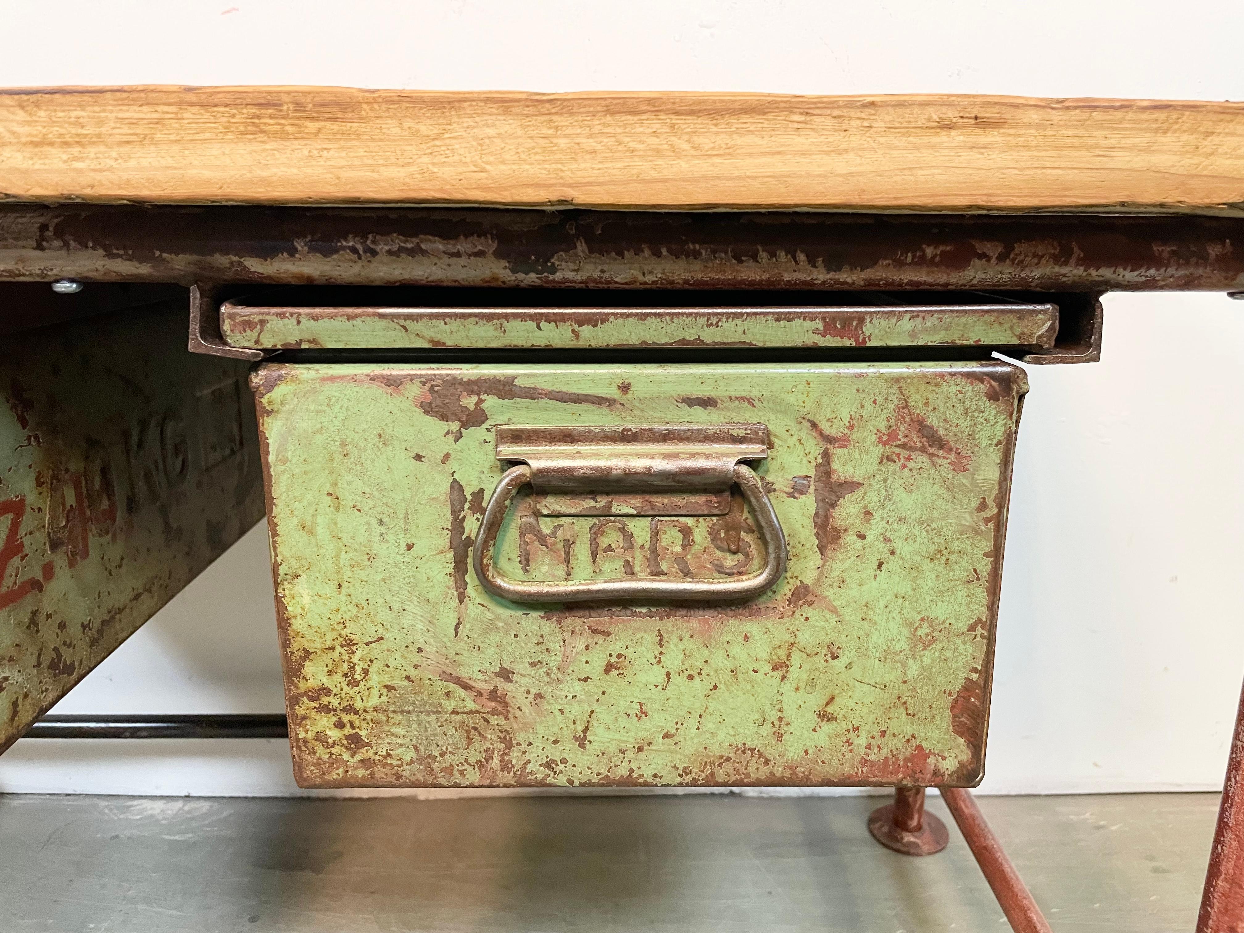 Red Industrial Worktable with Two Green Iron Drawers, 1960s For Sale 4