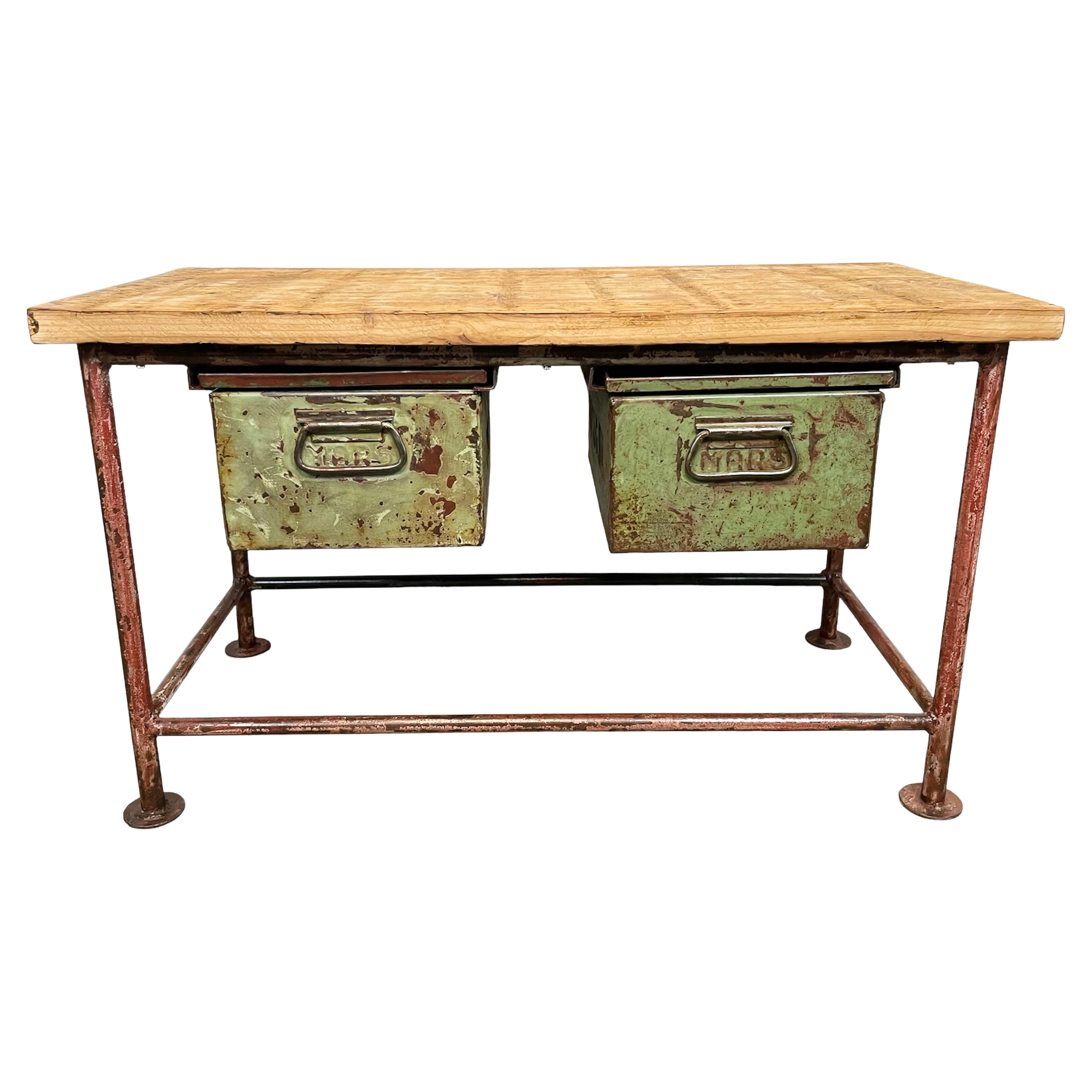 Red Industrial Worktable with Two Green Iron Drawers, 1960s