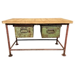 Retro Red Industrial Worktable with Two Green Iron Drawers, 1960s