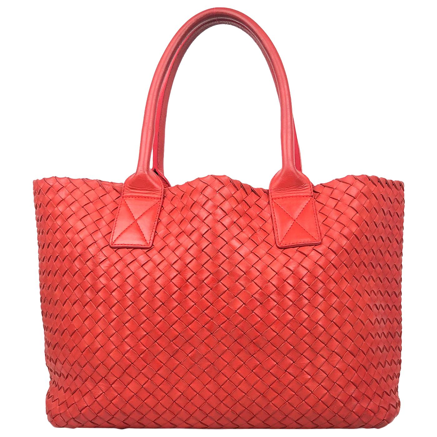 Red Intrecciato Leather Bottega Veneta Small Cabat Tote Bag For Sale