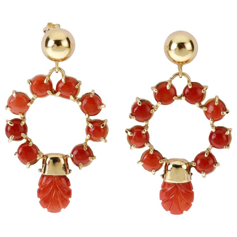 Red Italian Coral Earrings 18 Karat Yellow Gold For Sale