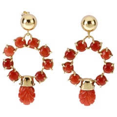 Boucles d'oreilles italiennes en or jaune 18 carats et corail rouge