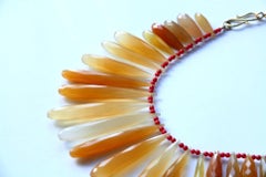 Red Italian Coral Orange Chalcedony Faced Drops 18 Karat Gold Necklace