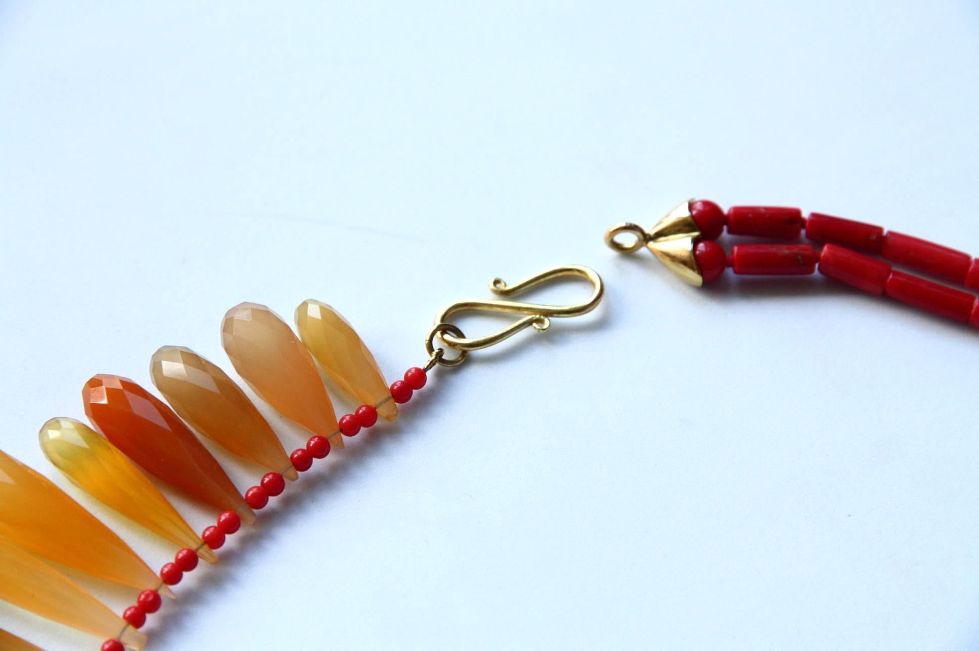 Artisan Red Italian Coral Orange Chalcedony Faced Drops 18 Karat Gold Necklace For Sale