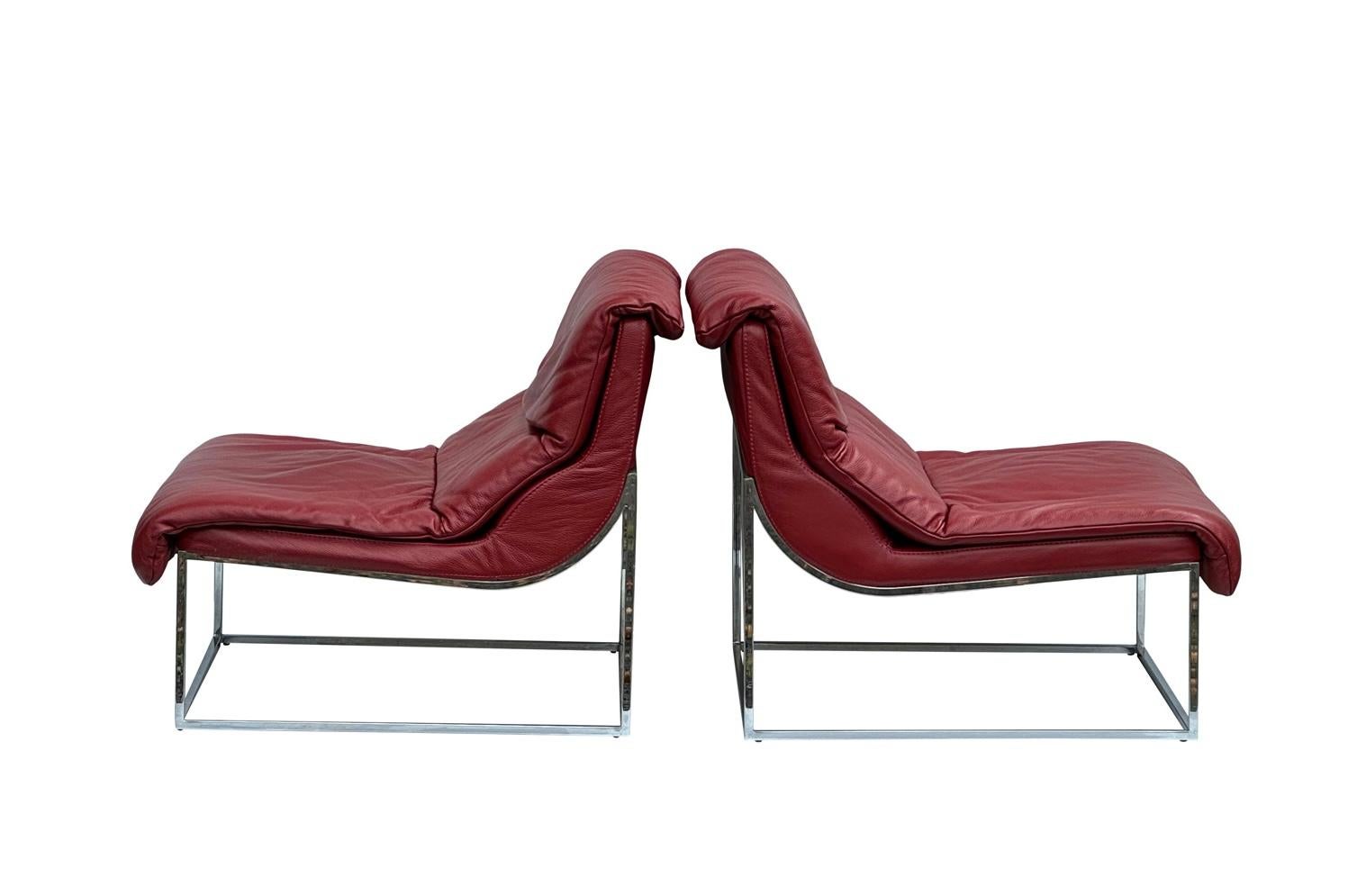 Modern Red Italian Leather Scoop Lounge Chair with Chrome Base-A Pair