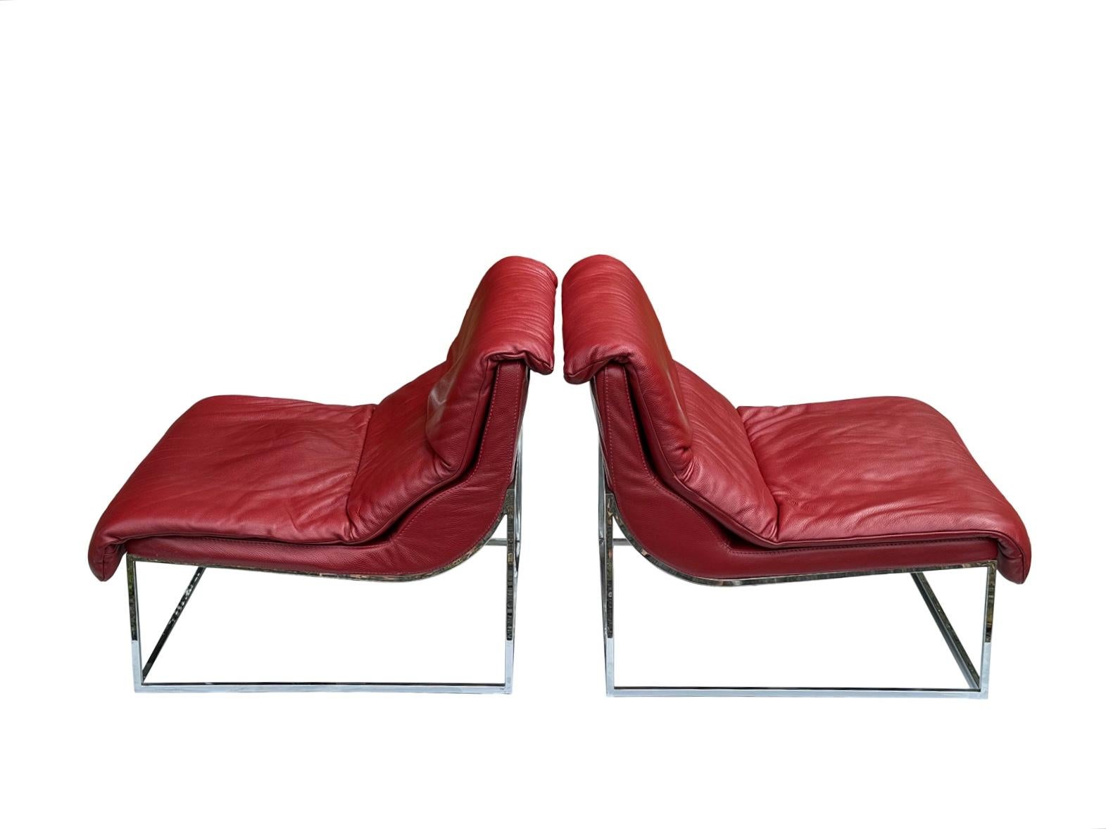 Hand-Crafted Red Italian Leather Scoop Lounge Chair with Chrome Base-A Pair