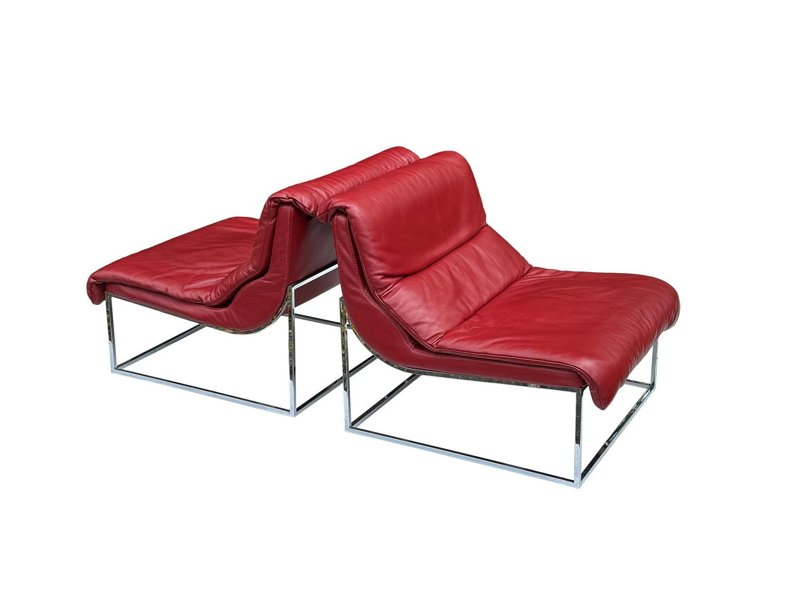 Red Italian Leather Scoop Lounge Chair with Chrome Base-A Pair In Good Condition In Bensalem, PA