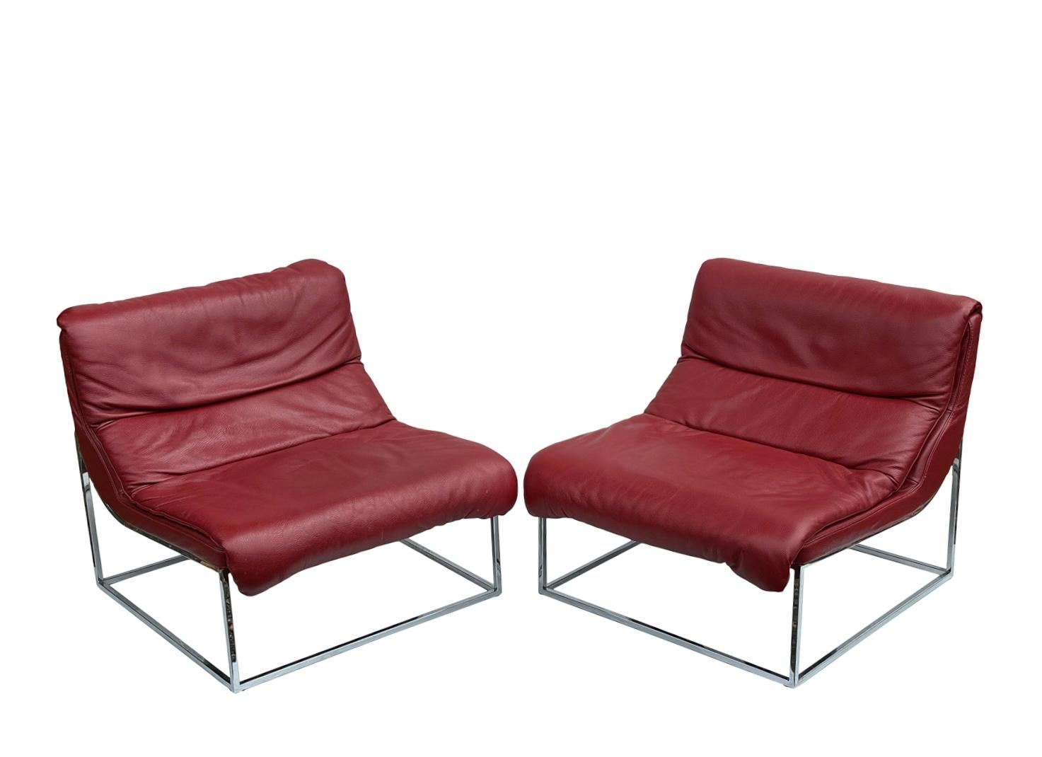 Contemporary Red Italian Leather Scoop Lounge Chair with Chrome Base-A Pair