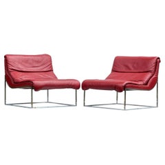 Red Italian Leather Scoop Lounge Chair with Chrome Base-A Pair
