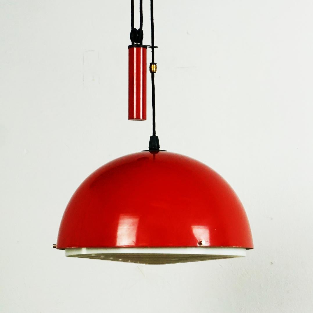 Mid-Century Modern Red Italian Midcentury Metal and Brass Counterweight  Pendant Lamp For Sale