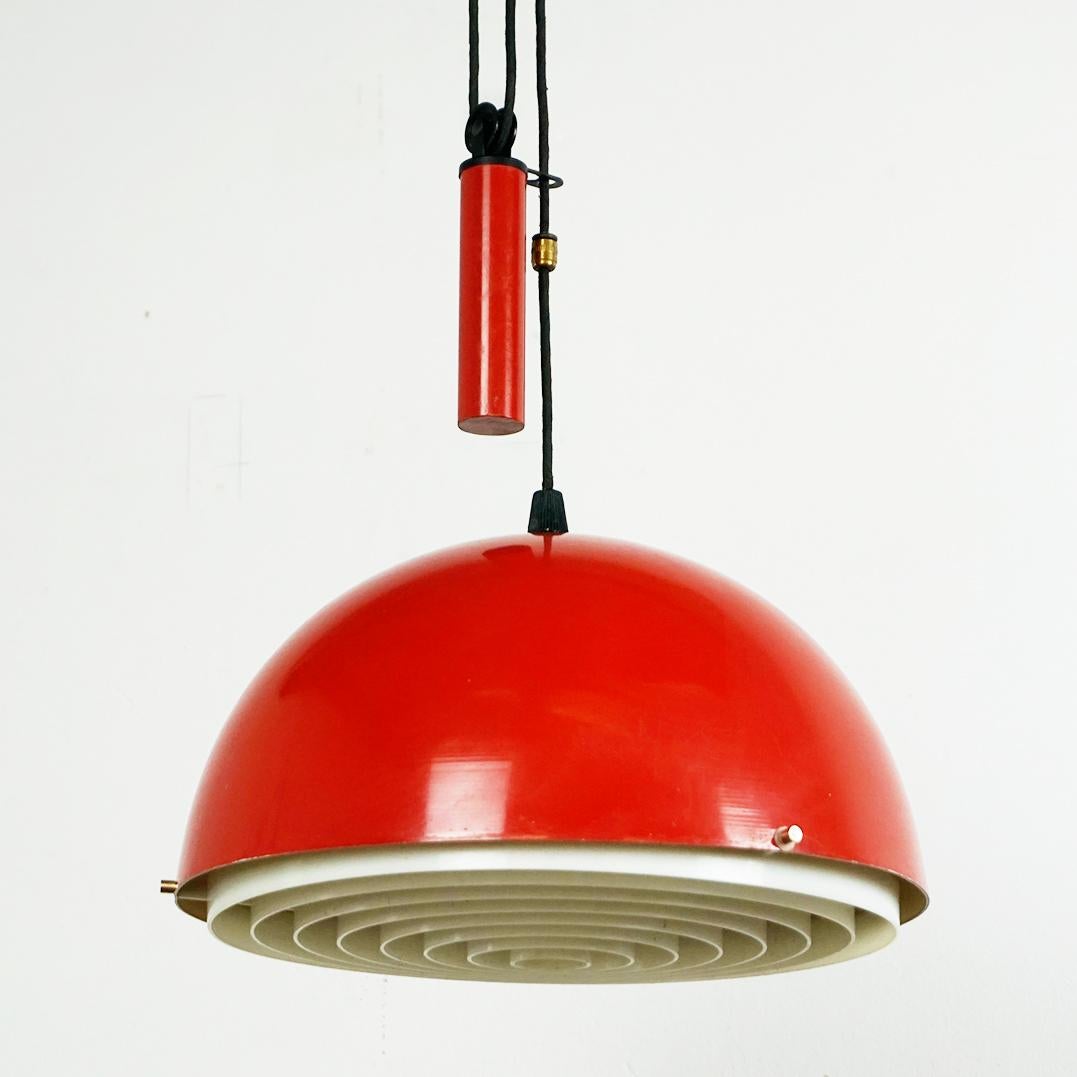 Lacquered Red Italian Midcentury Metal and Brass Counterweight  Pendant Lamp For Sale